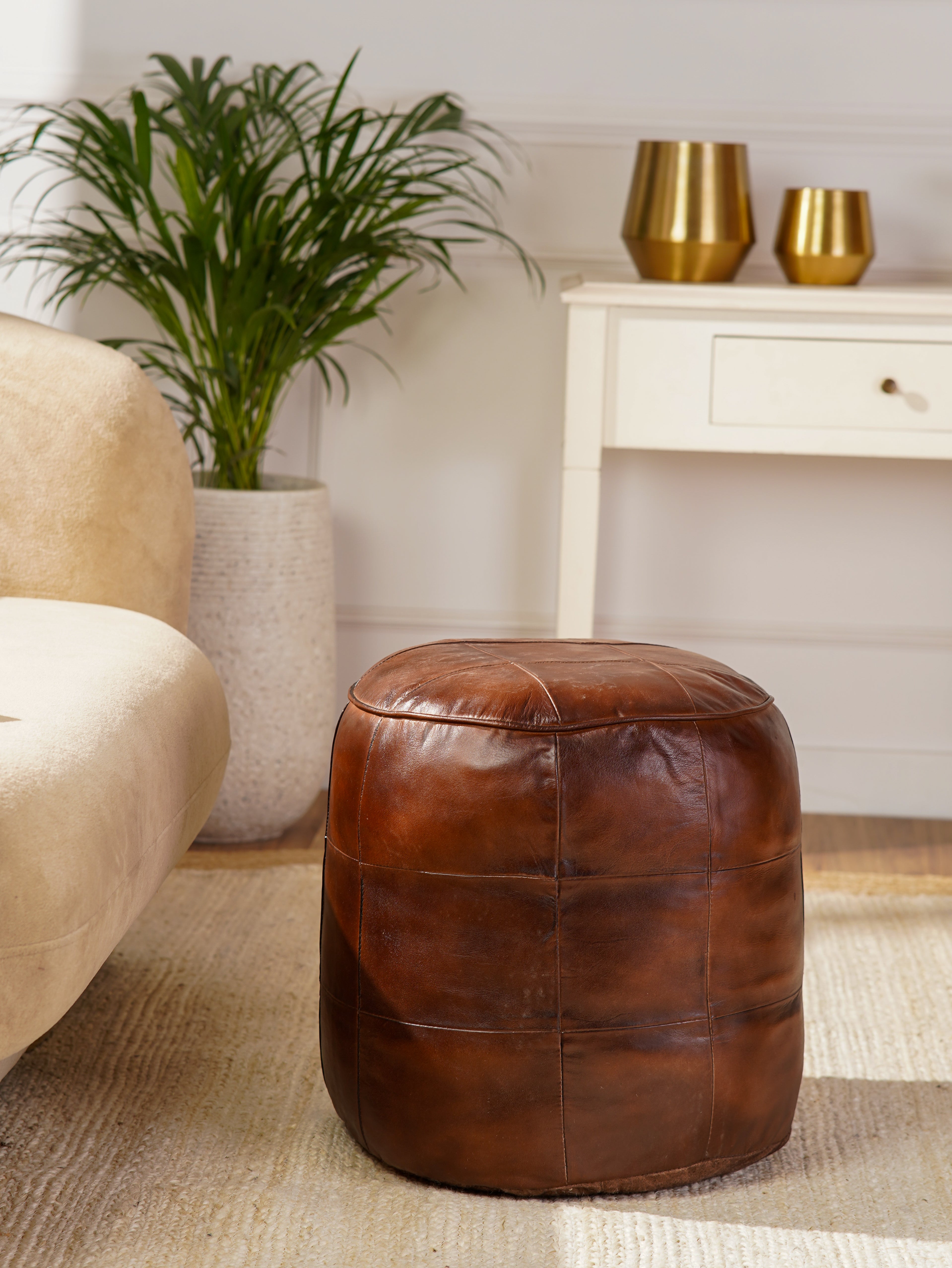 Terracotta Tuffet Round Leather Pouf – Handmade Ottoman | Cognac Brown | Filled | Buffalo Leather