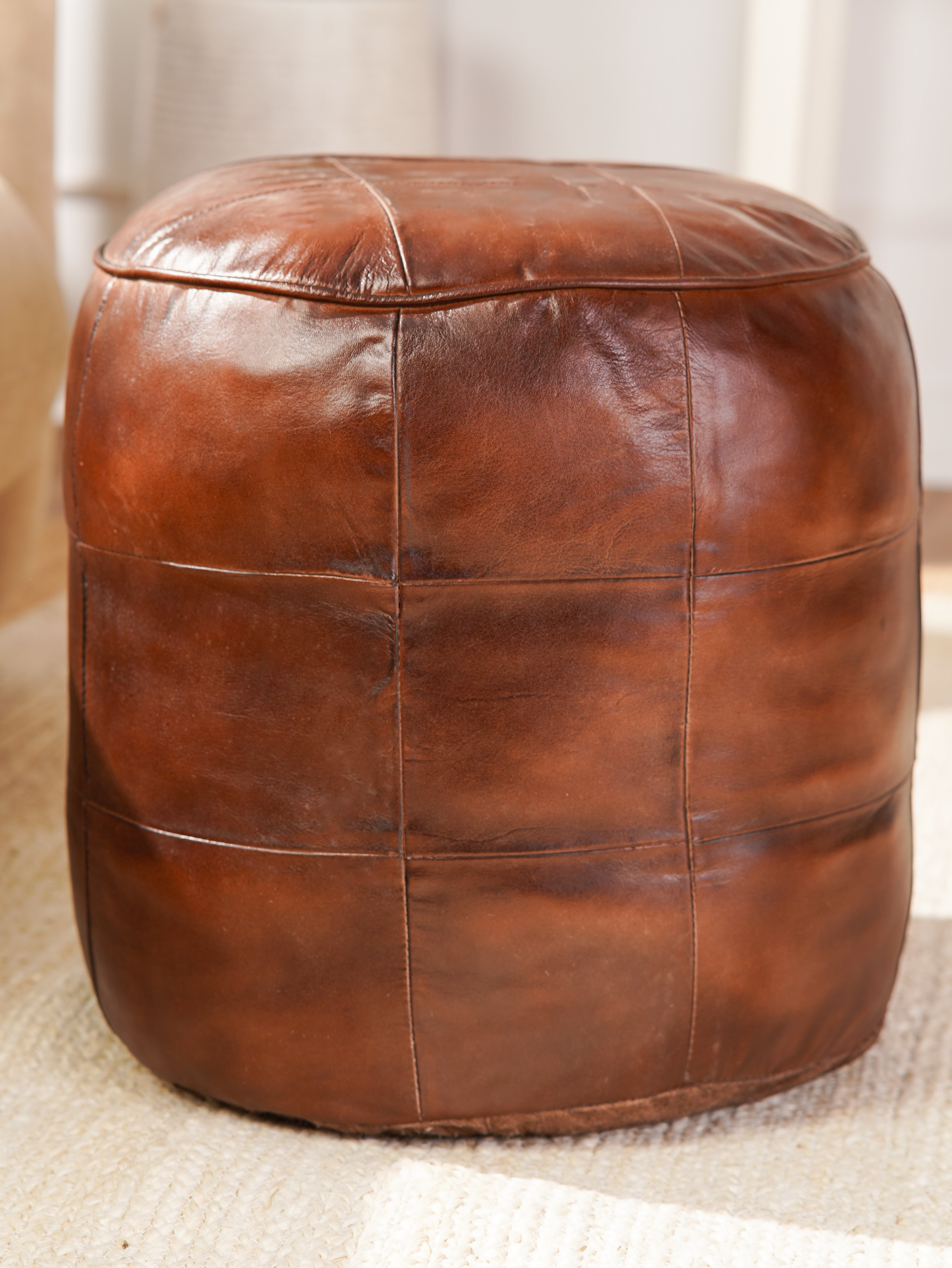 Terracotta Tuffet Round Leather Pouf – Handmade Ottoman | Cognac Brown | Filled | Buffalo Leather
