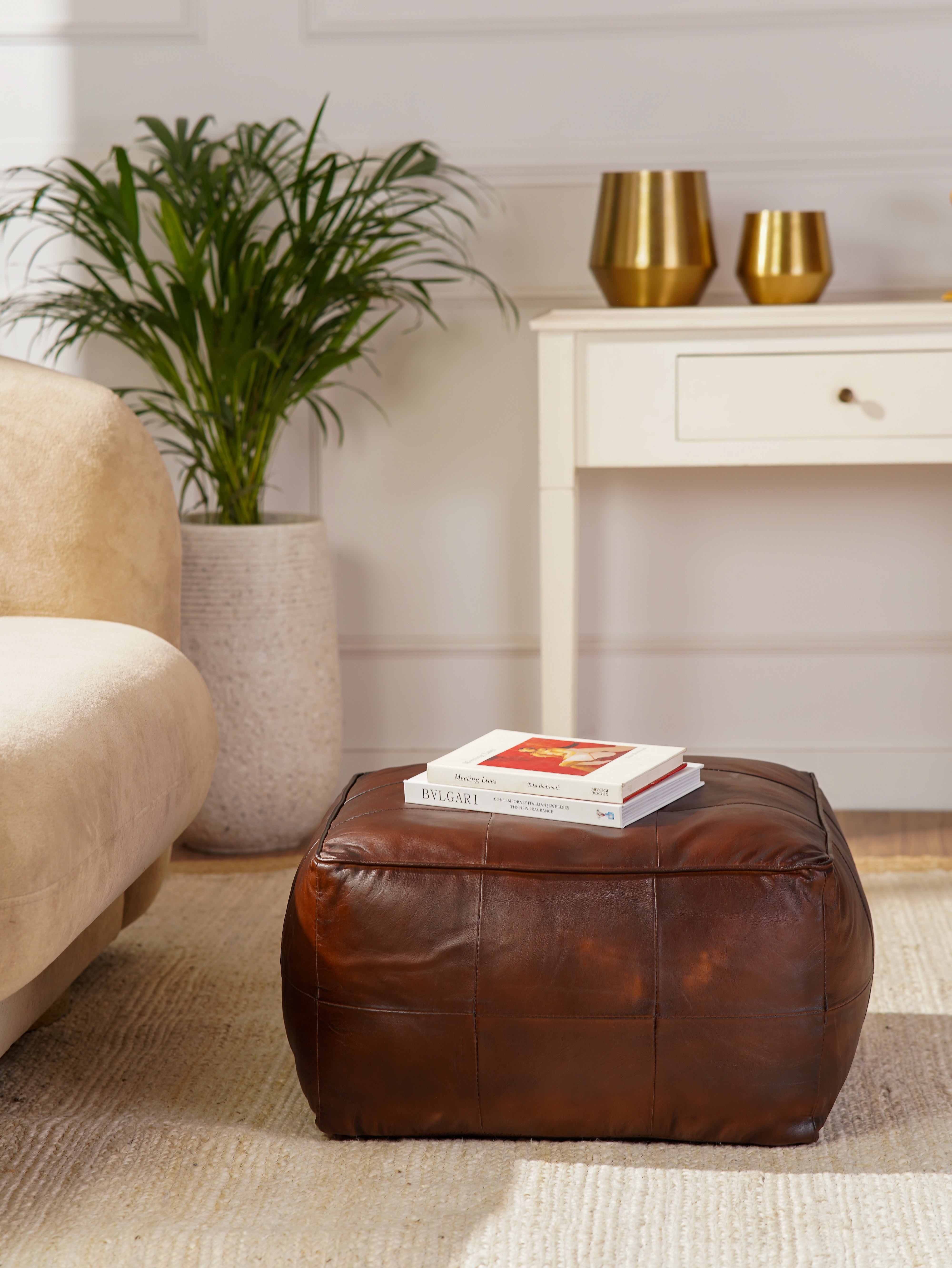 Terracotta Tuffet Leather Pouf