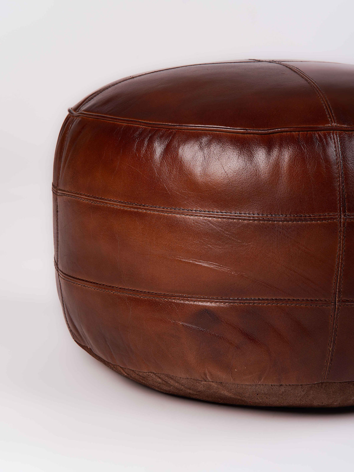 Round Buffalo Leather Pouf – Bordeaux Classic Ottoman | Handmade | Brown | Filled