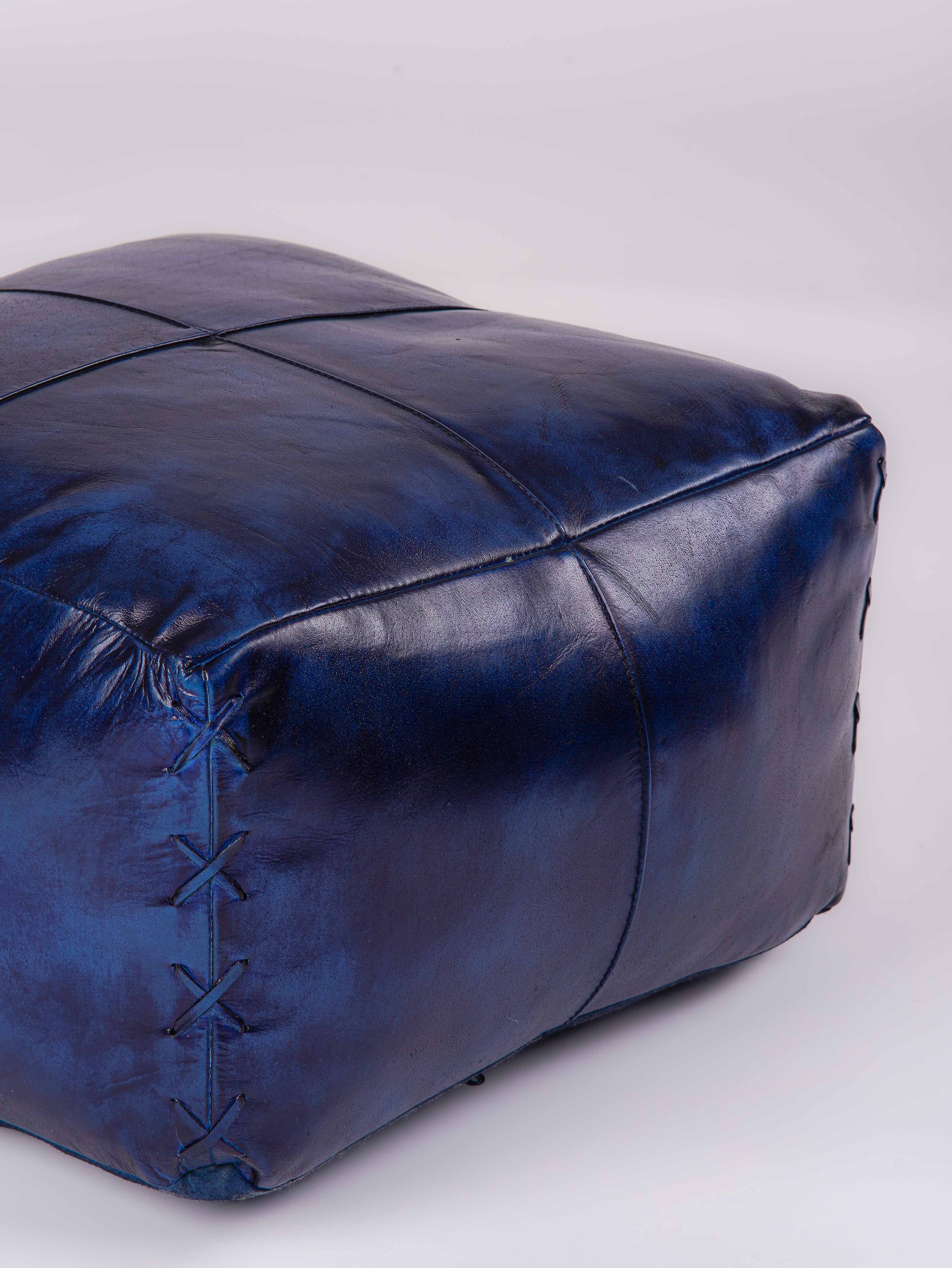 Midnight Majesty Leather Pouf – Square Ottoman | Handmade | Vintage Blue | Filled