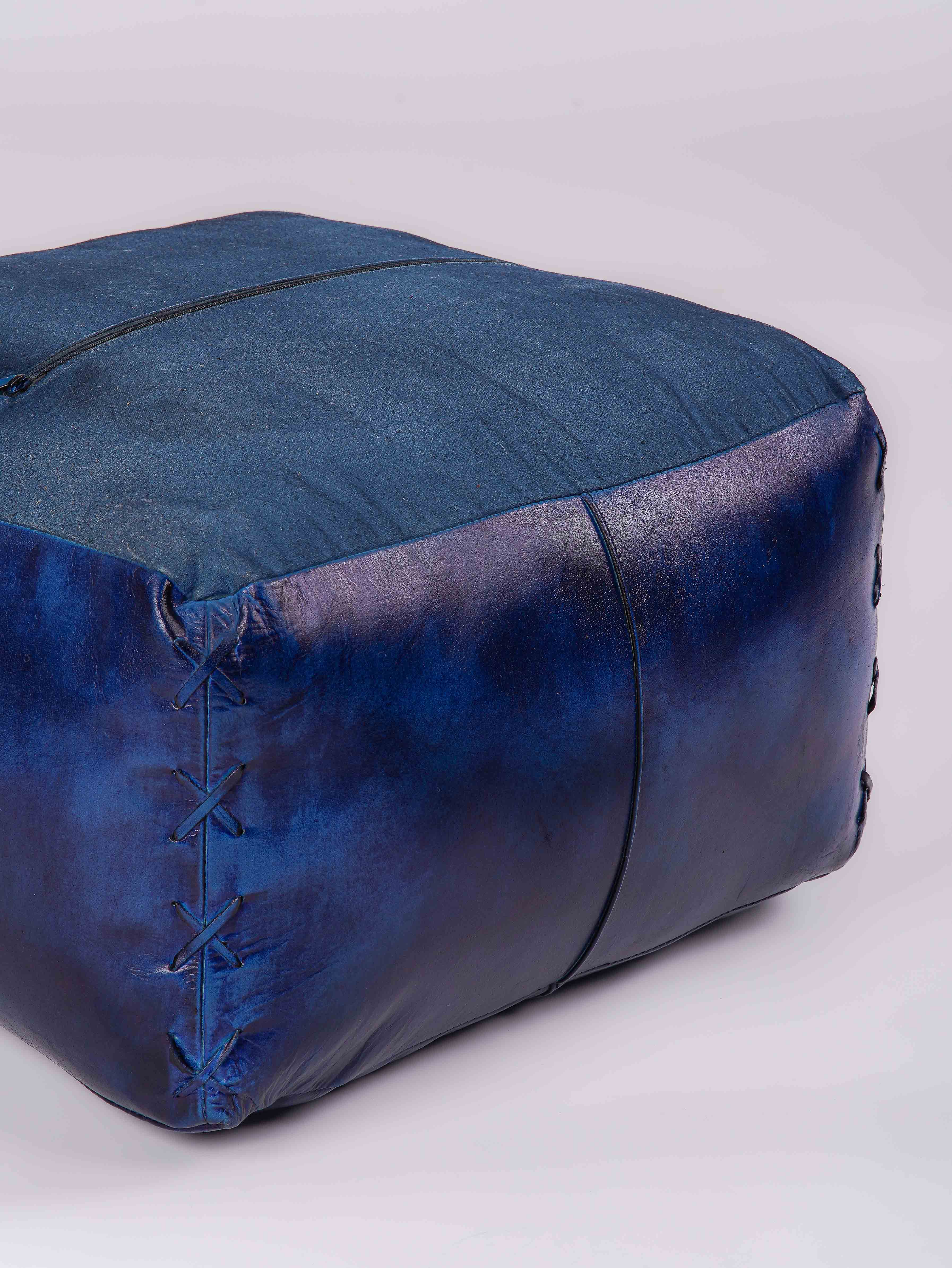 Midnight Majesty Leather Pouf – Square Ottoman | Handmade | Vintage Blue | Filled