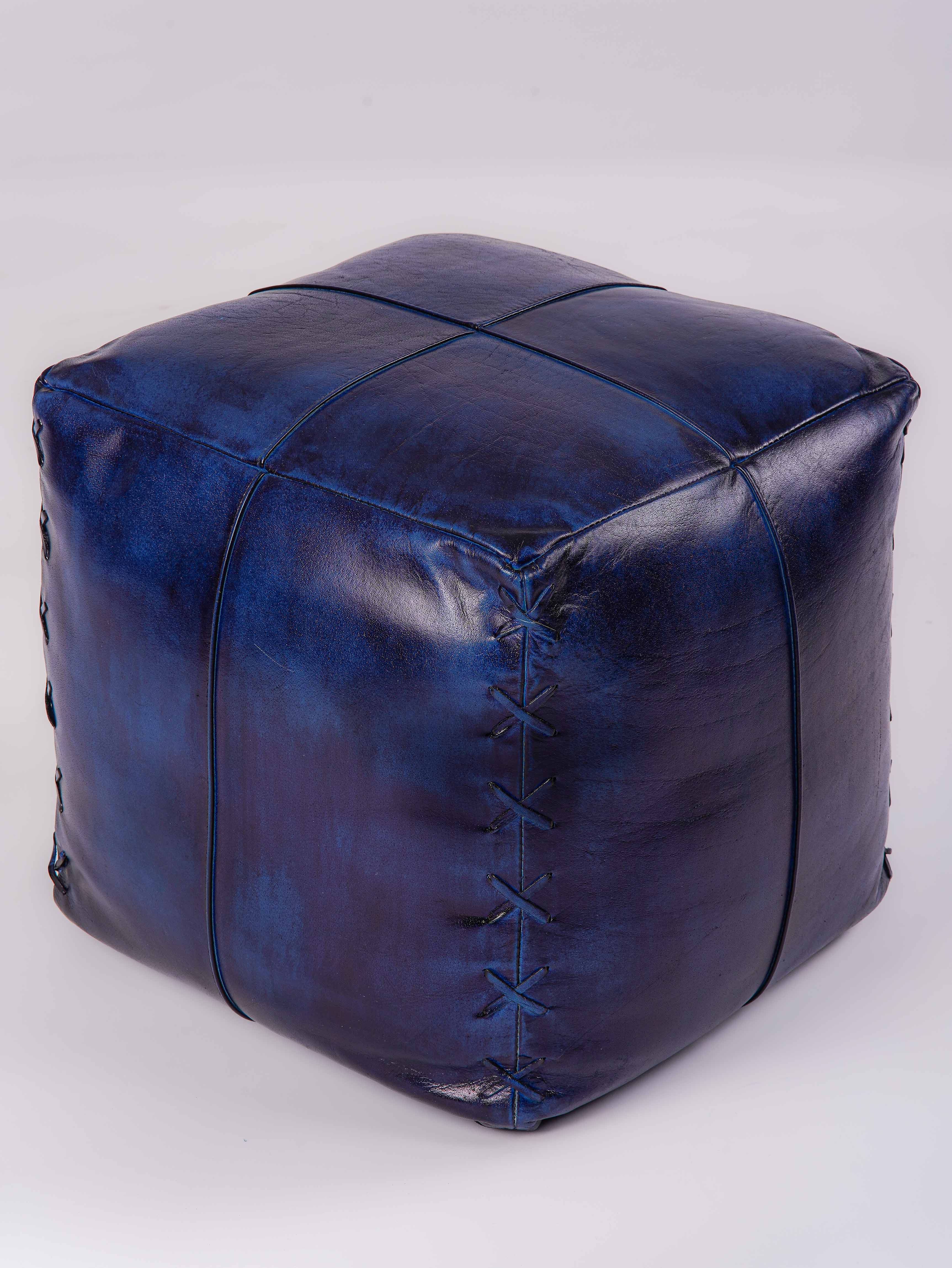 Midnight Majesty Leather Pouf – Square Ottoman | Handmade | Vintage Blue | Filled