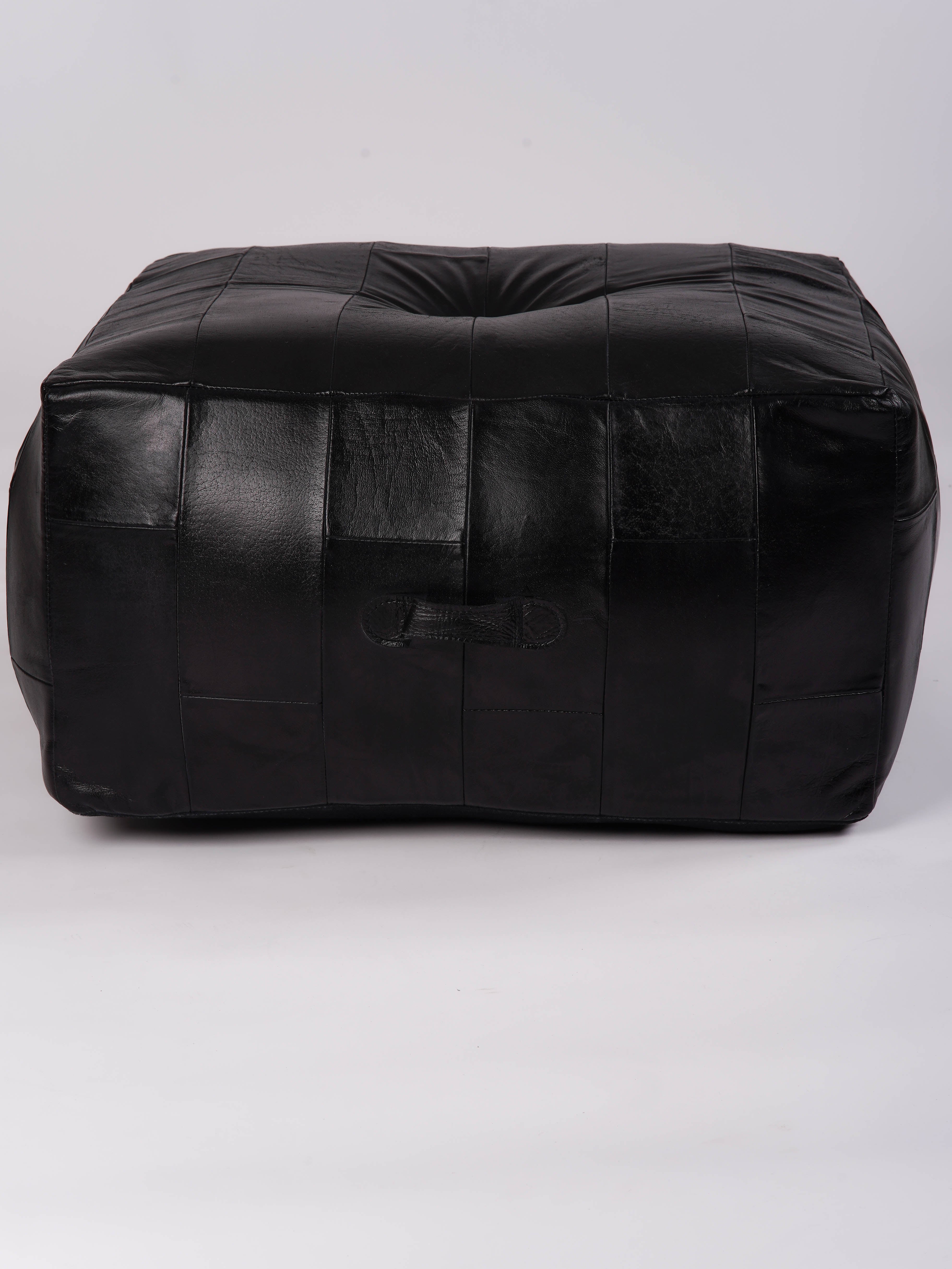 Square Buffalo Leather Pouf – Metropolitan Luxe Ottoman | Handmade | Black | Filled