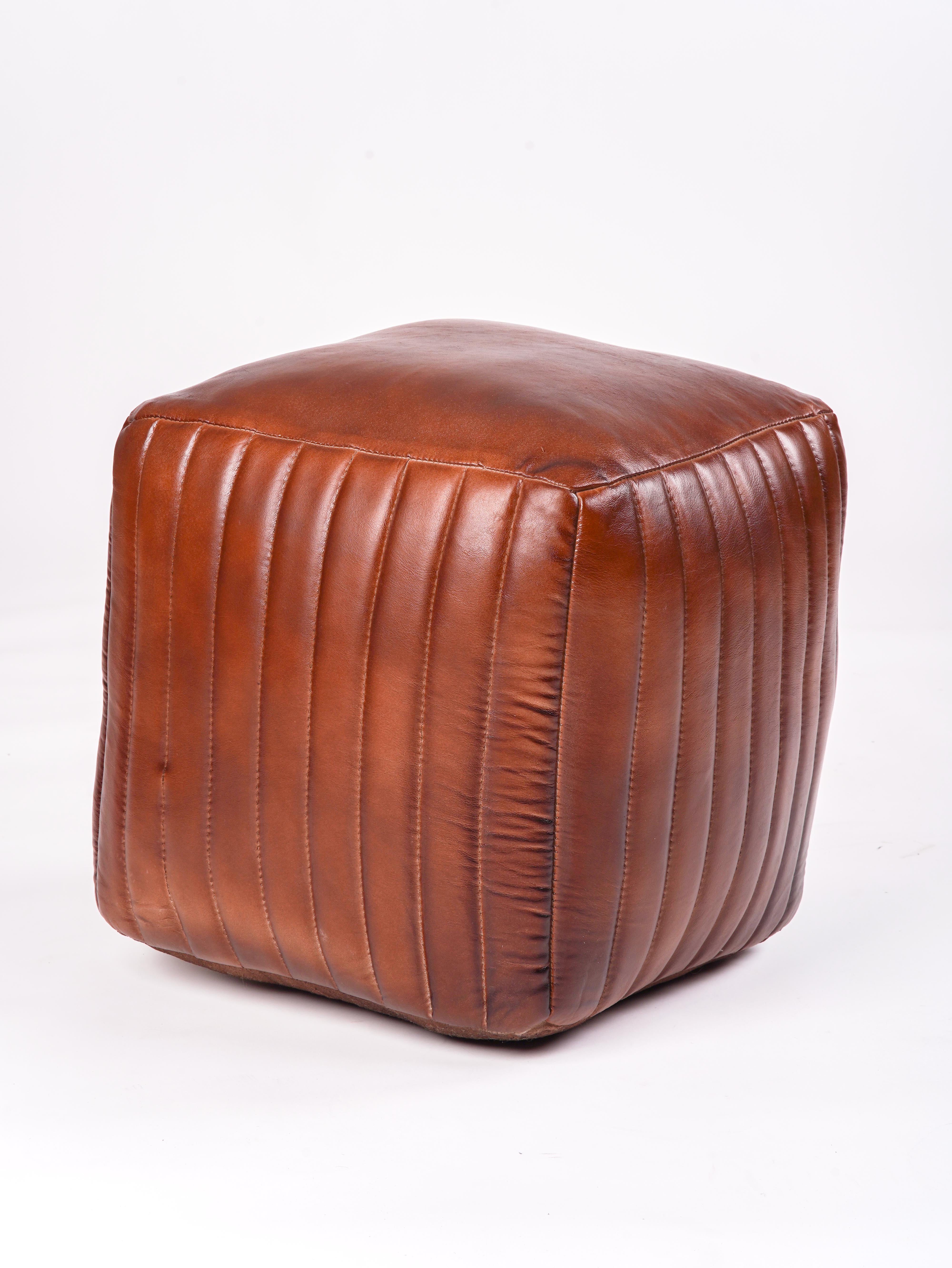 Strata Leather Pouf| Brown Ottoman | Handmade | Contemporary | Filled | Square