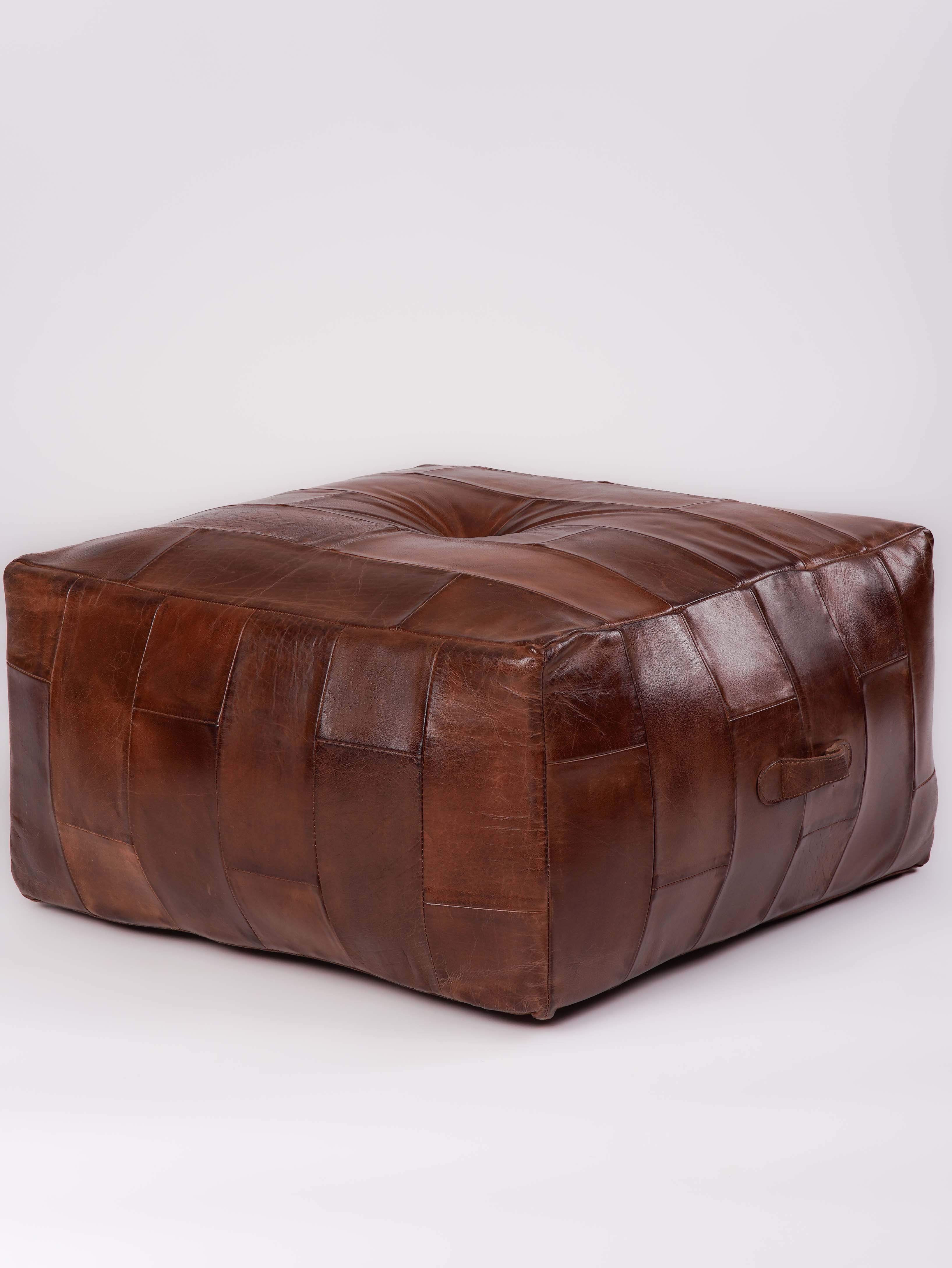 Square Buffalo Leather Pouf – Classic Cognac Ottoman | Handmade | Filled