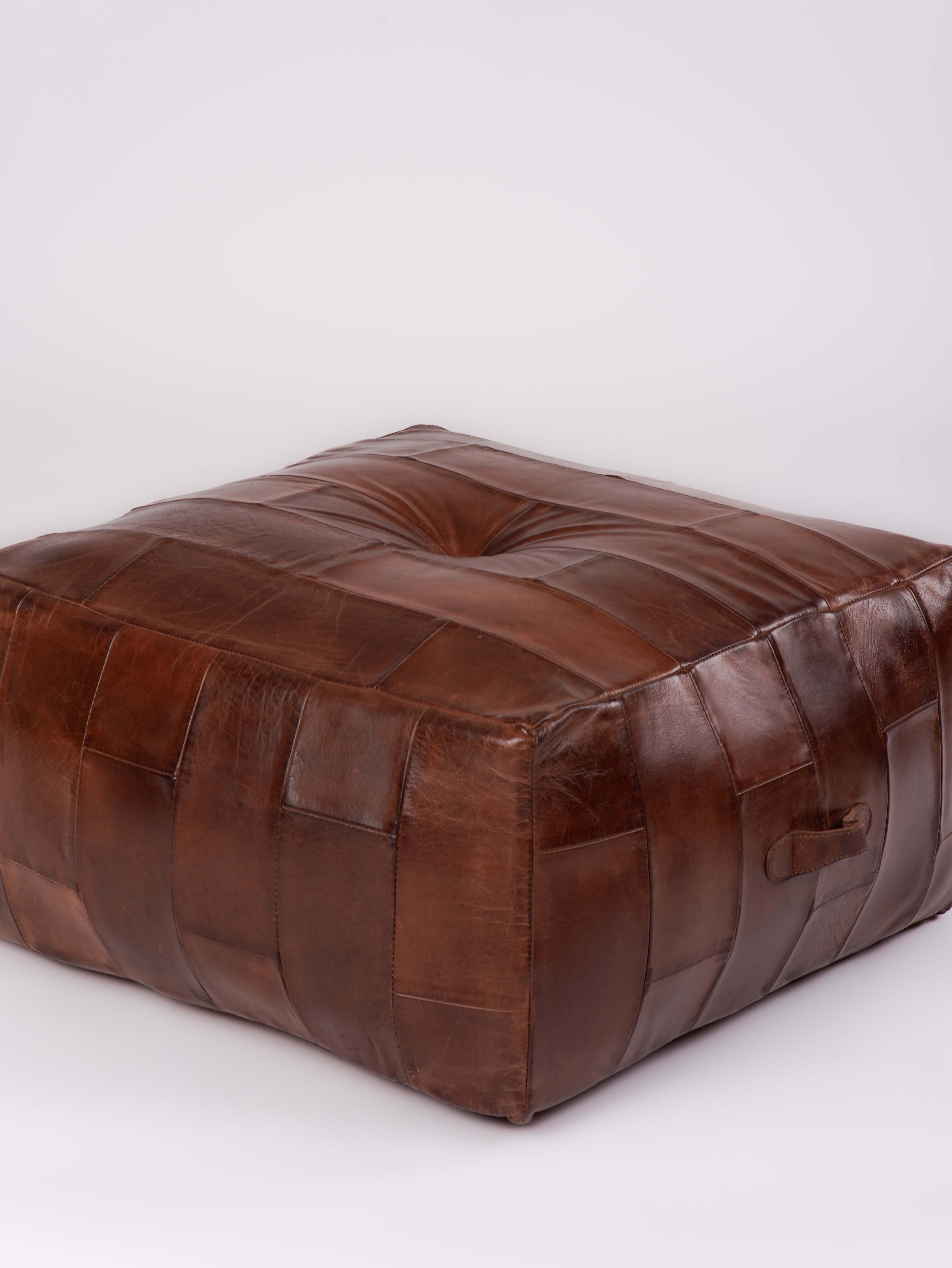 Square Buffalo Leather Pouf – Classic Cognac Ottoman | Handmade | Filled