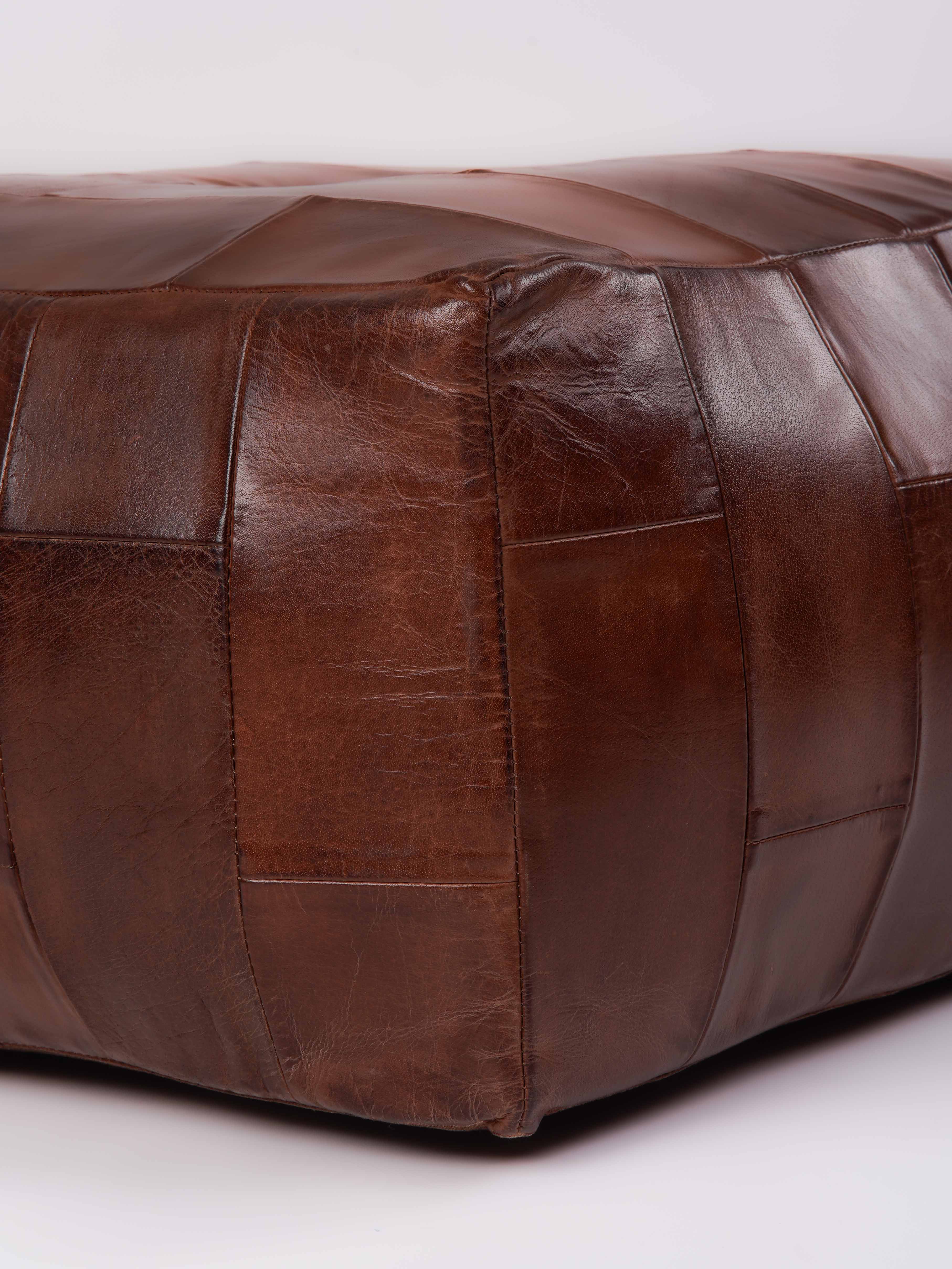 Square Buffalo Leather Pouf – Classic Cognac Ottoman | Handmade | Filled