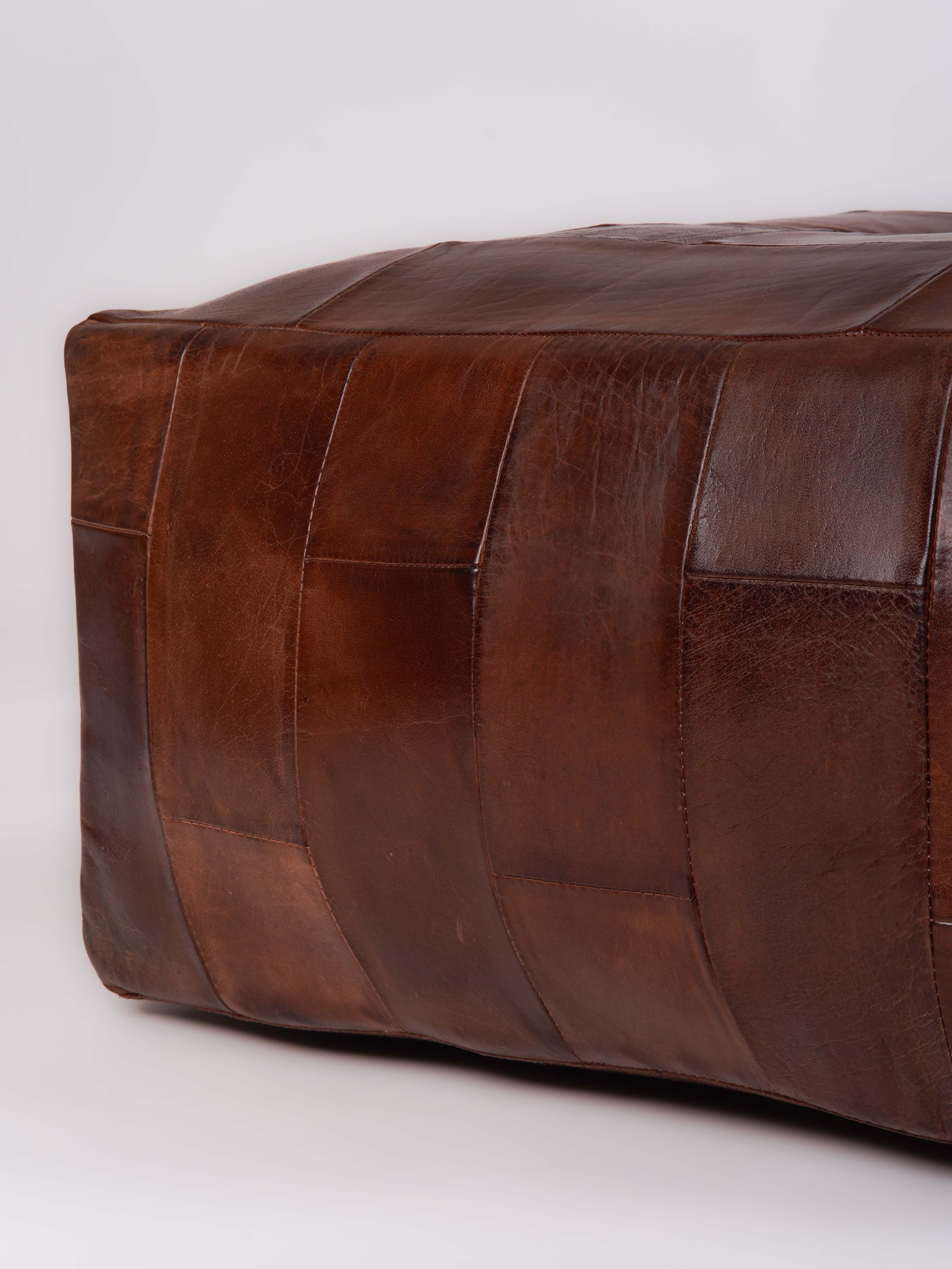 Square Buffalo Leather Pouf – Classic Cognac Ottoman | Handmade | Filled