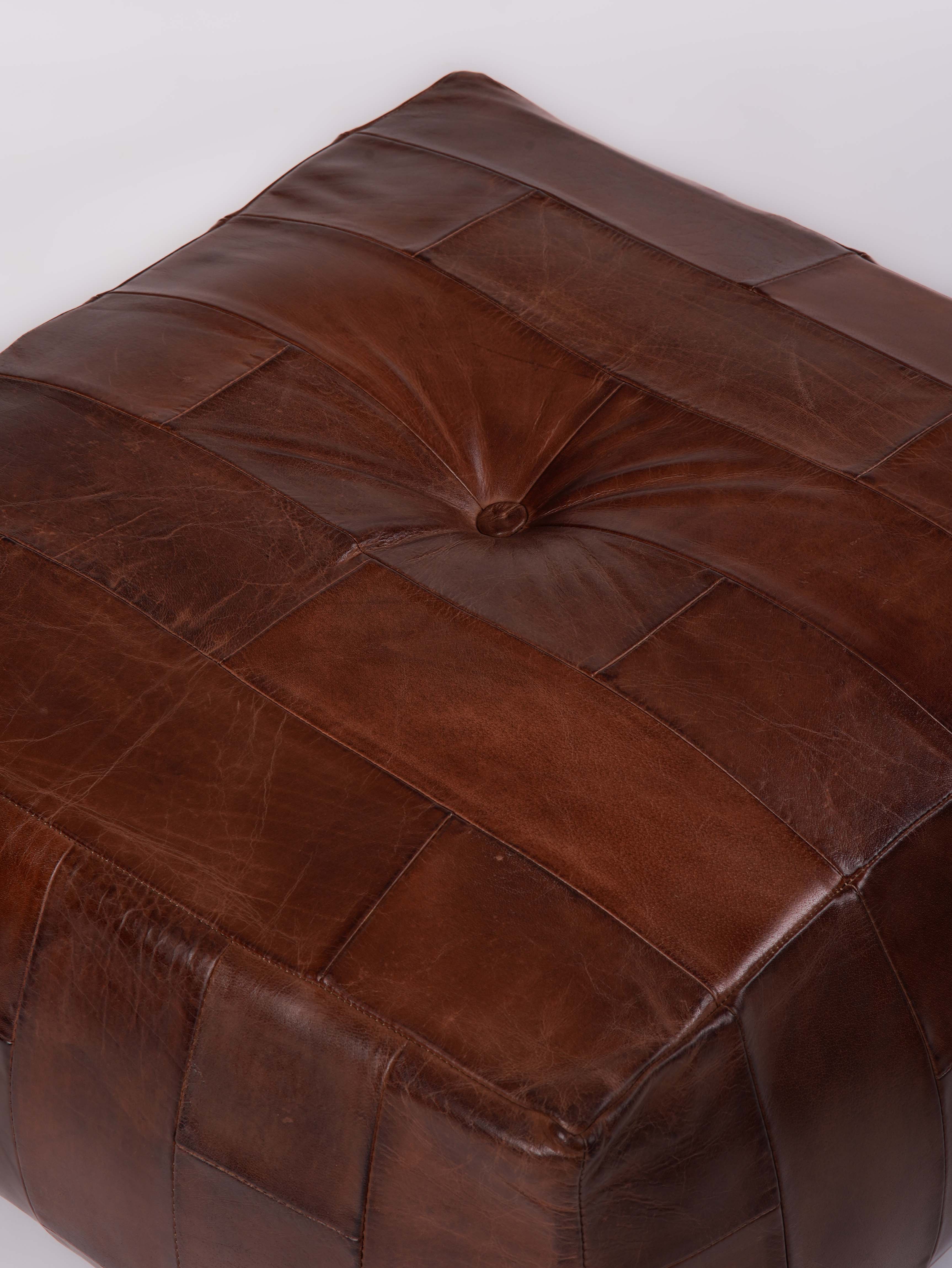 Square Buffalo Leather Pouf – Classic Cognac Ottoman | Handmade | Filled