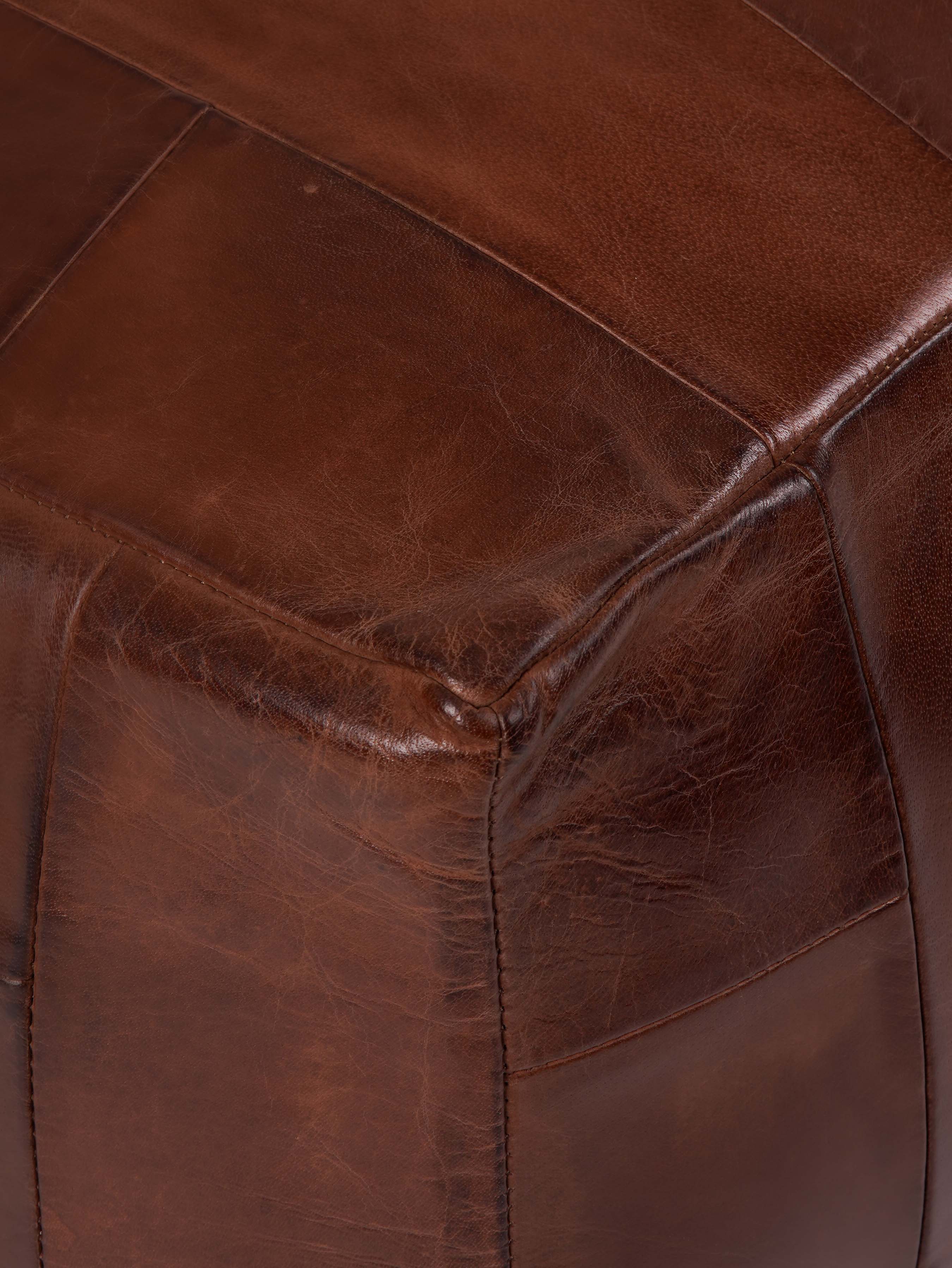 Square Buffalo Leather Pouf – Classic Cognac Ottoman | Handmade | Filled