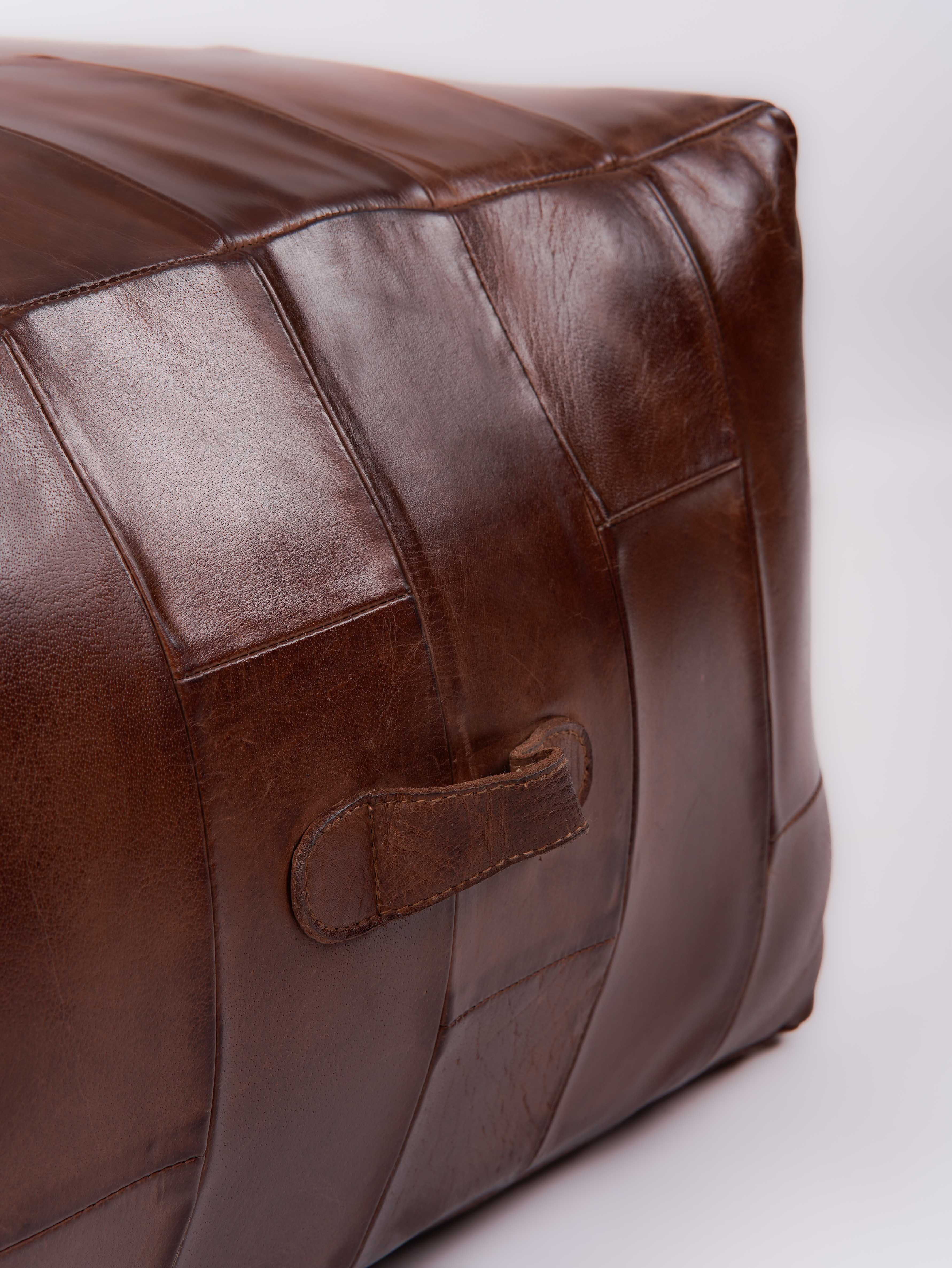 Square Buffalo Leather Pouf – Classic Cognac Ottoman | Handmade | Filled