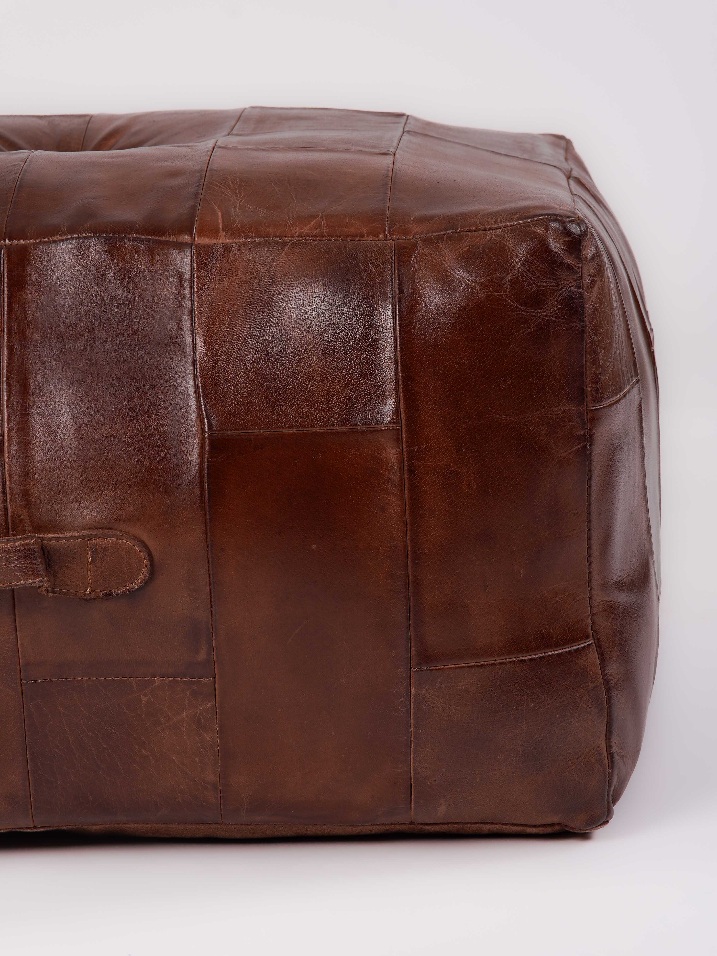Square Buffalo Leather Pouf – Classic Cognac Ottoman | Handmade | Filled