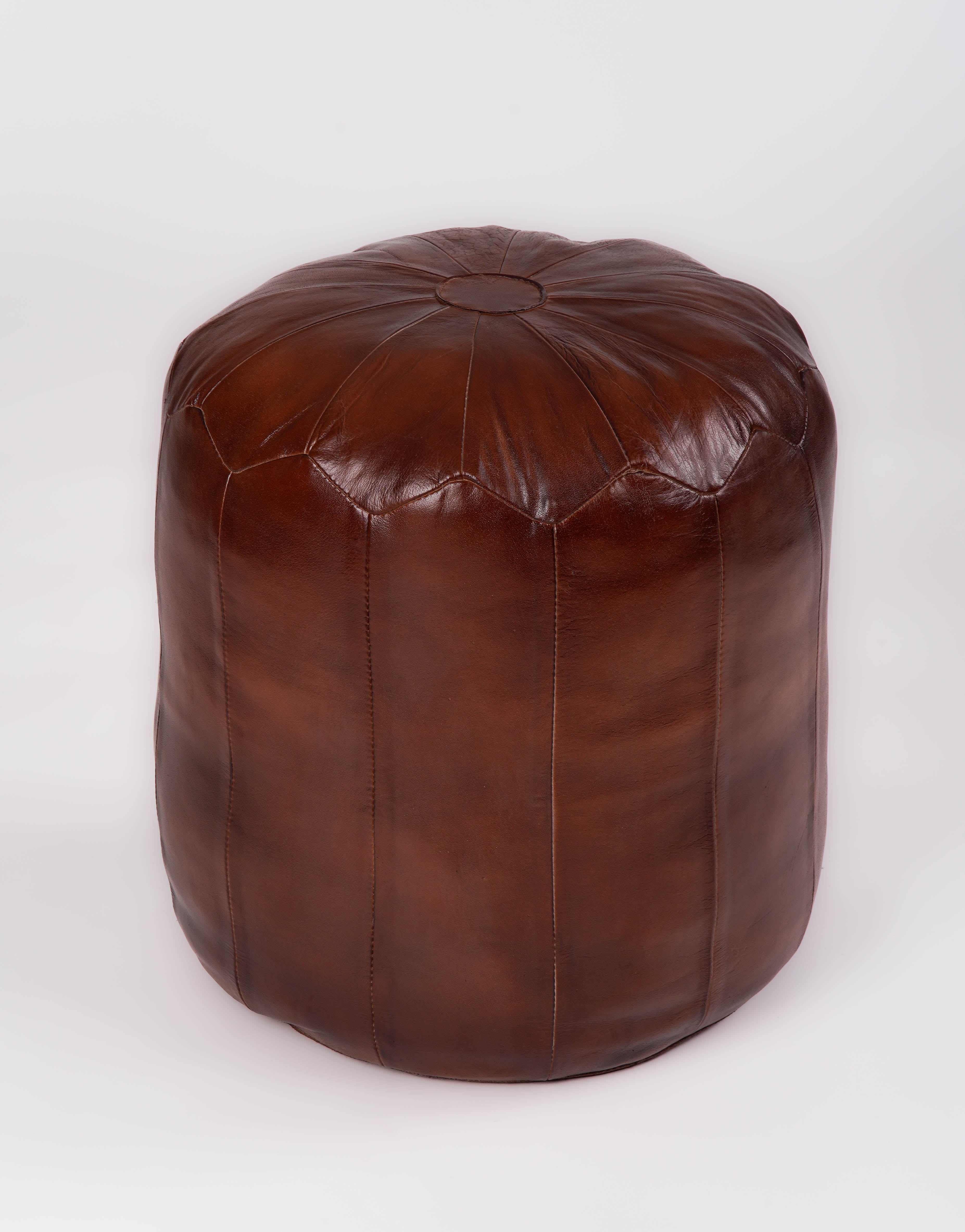 Handmade Buffalo Leather Pouf – Round Ottoman, Filled – Sienna Satchel