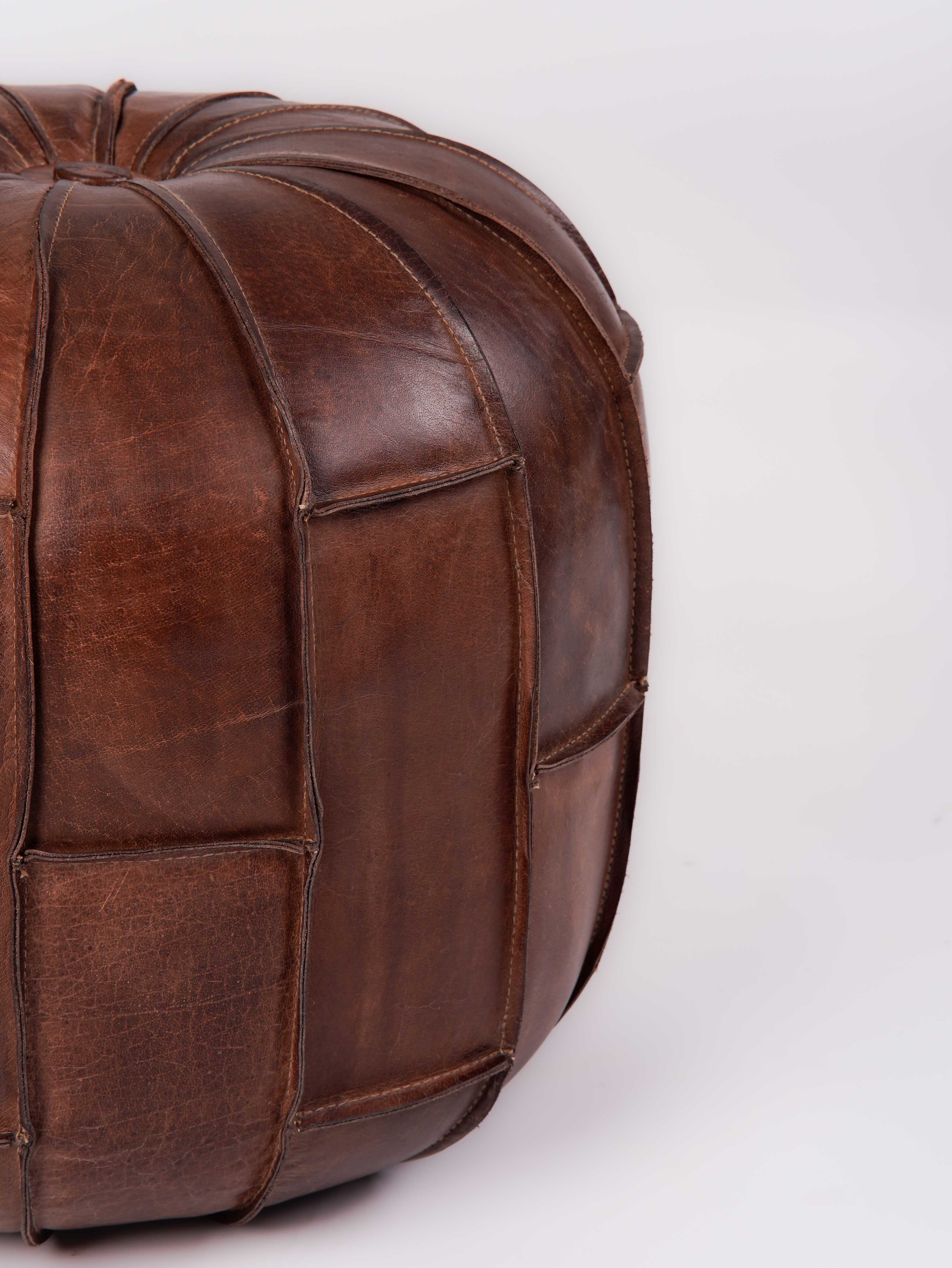 Round Buffalo Leather Pouf – Prairie Stitch Ottoman | Handmade | Black & Brown | Filled