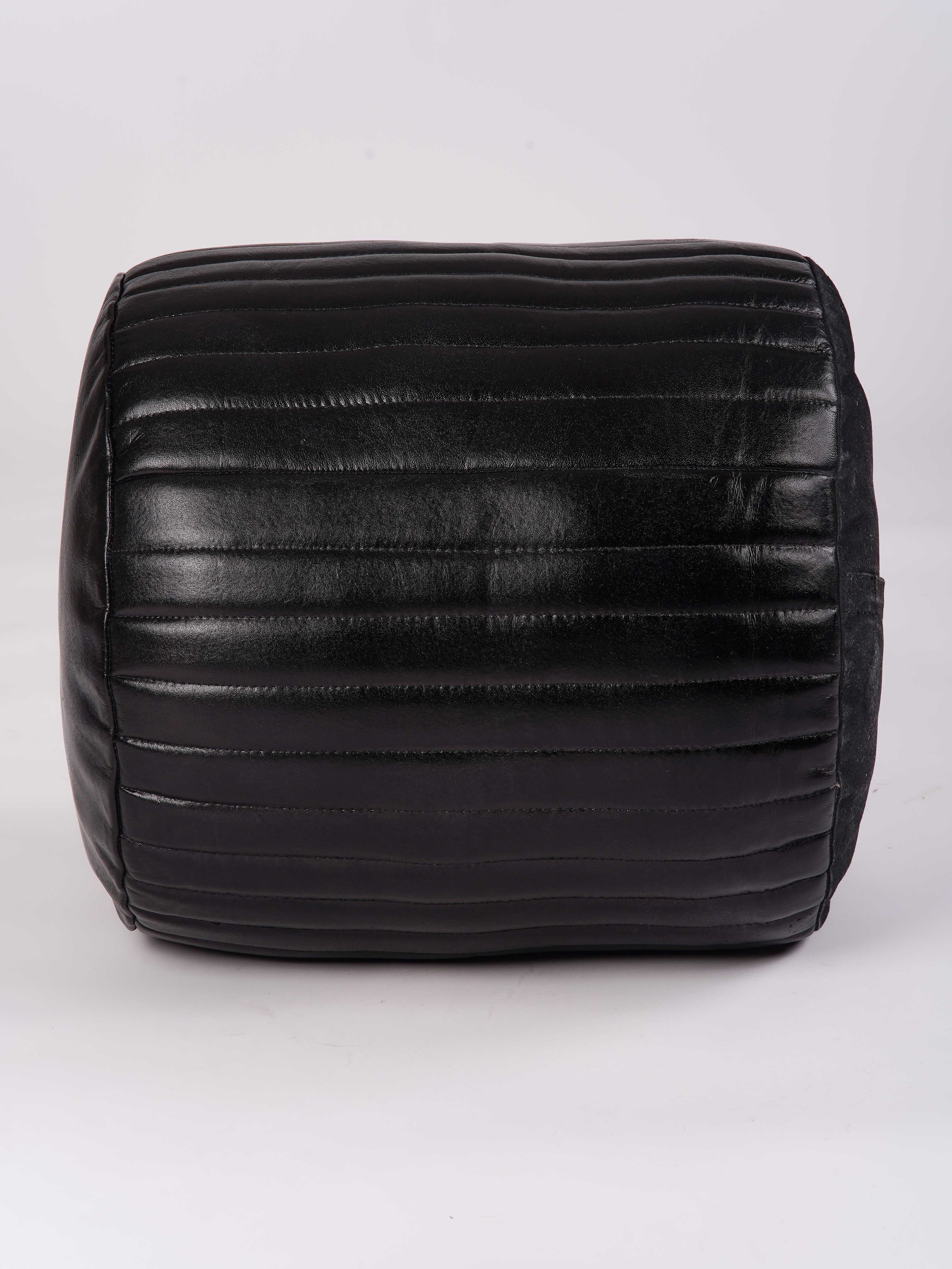 Round Buffalo Leather Pouf โ Eclipse Ottoman | Handmade | Black | Filled