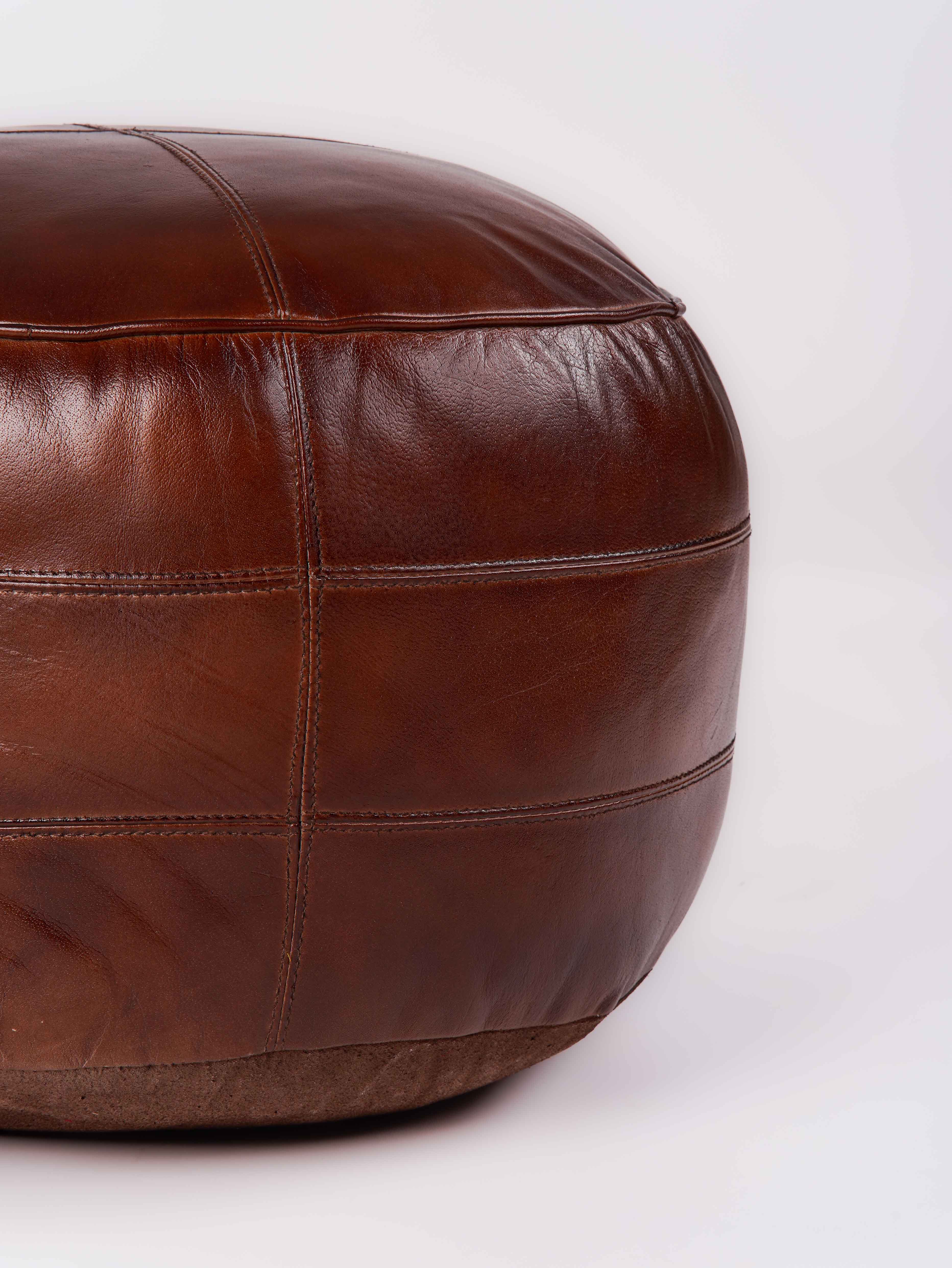 Round Buffalo Leather Pouf – Bordeaux Classic Ottoman | Handmade | Brown | Filled