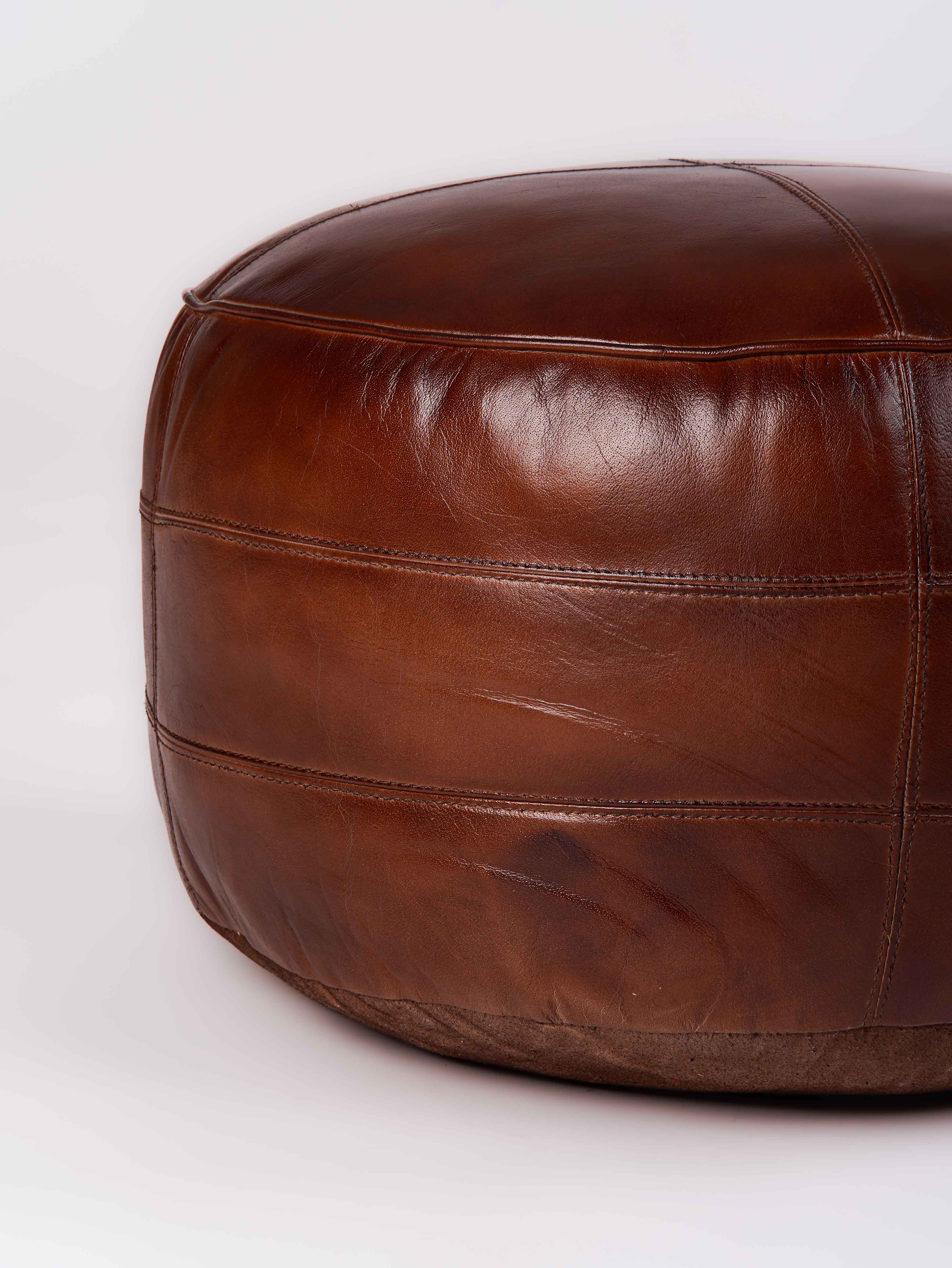 Round Buffalo Leather Pouf – Bordeaux Classic Ottoman | Handmade | Brown | Filled