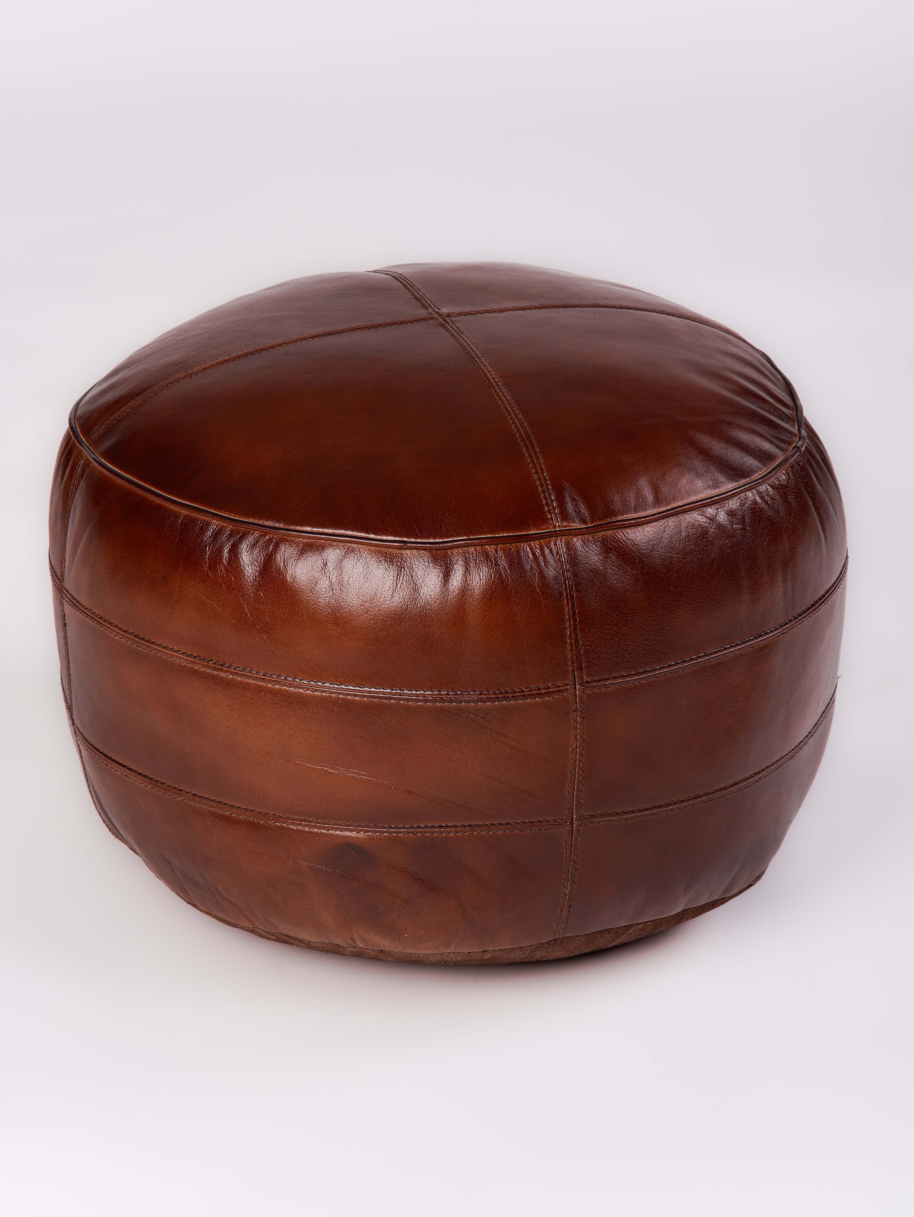 Round Buffalo Leather Pouf – Bordeaux Classic Ottoman | Handmade | Brown | Filled