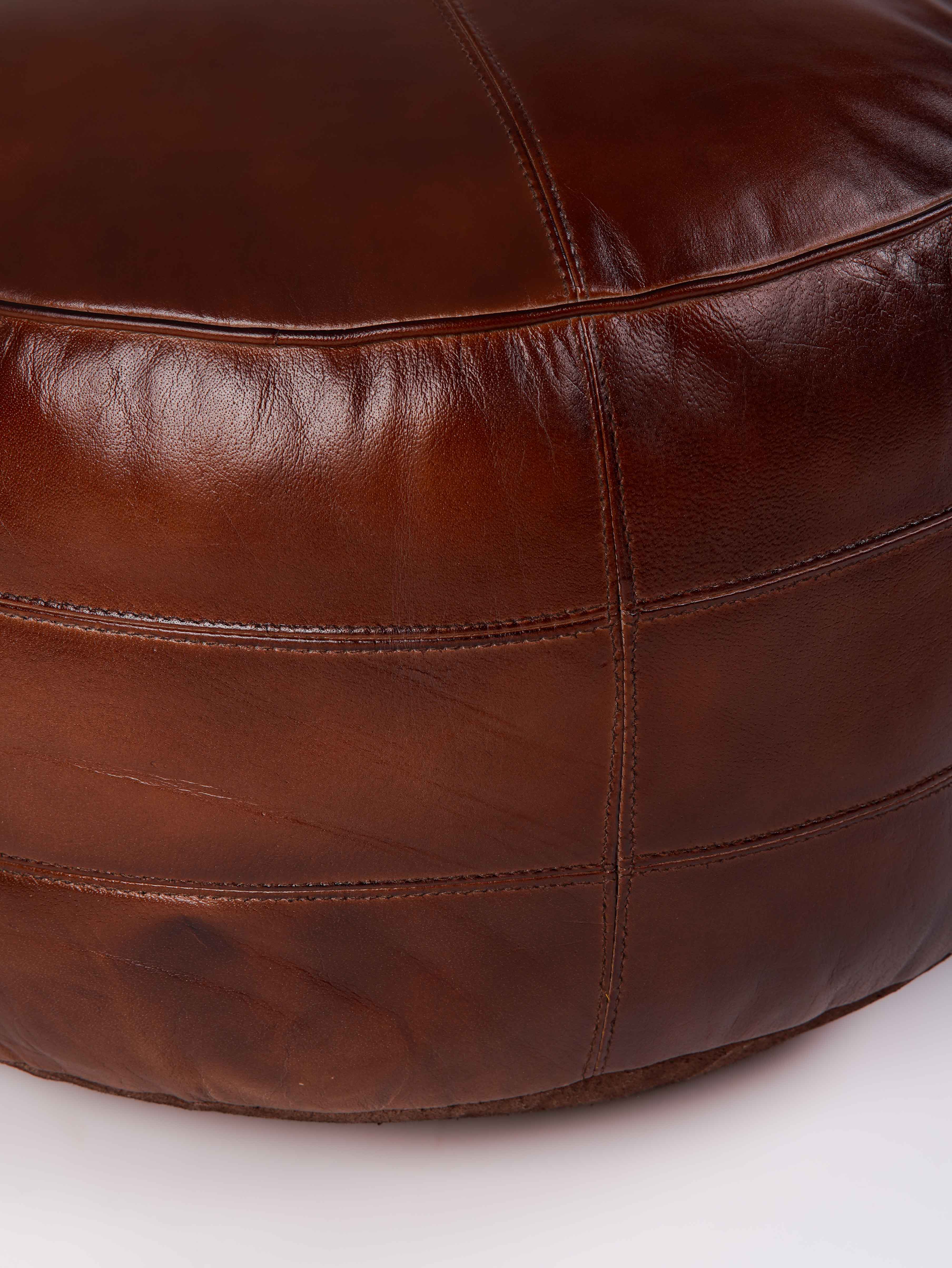 Round Buffalo Leather Pouf – Bordeaux Classic Ottoman | Handmade | Brown | Filled