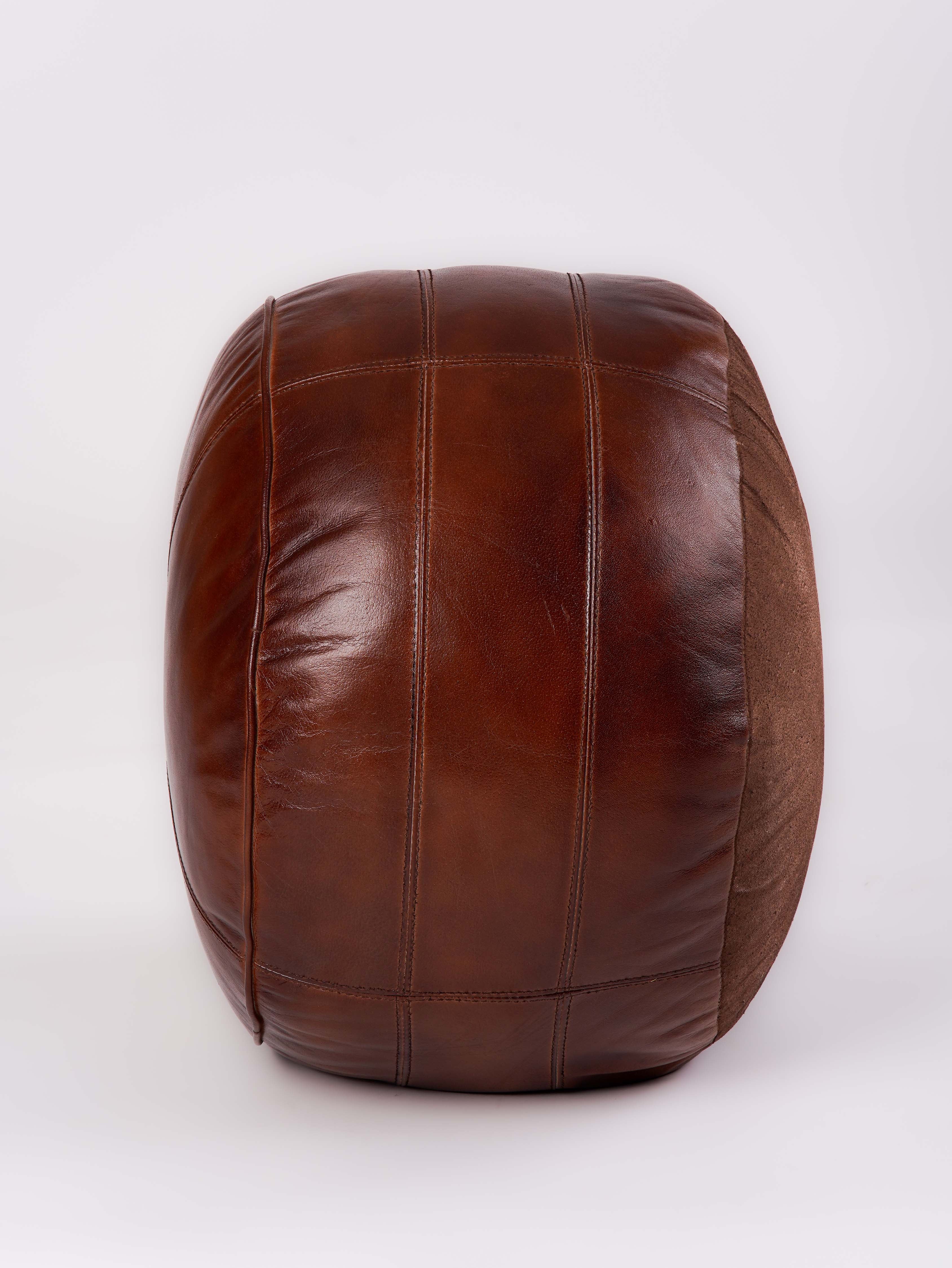 Round Buffalo Leather Pouf – Bordeaux Classic Ottoman | Handmade | Brown | Filled