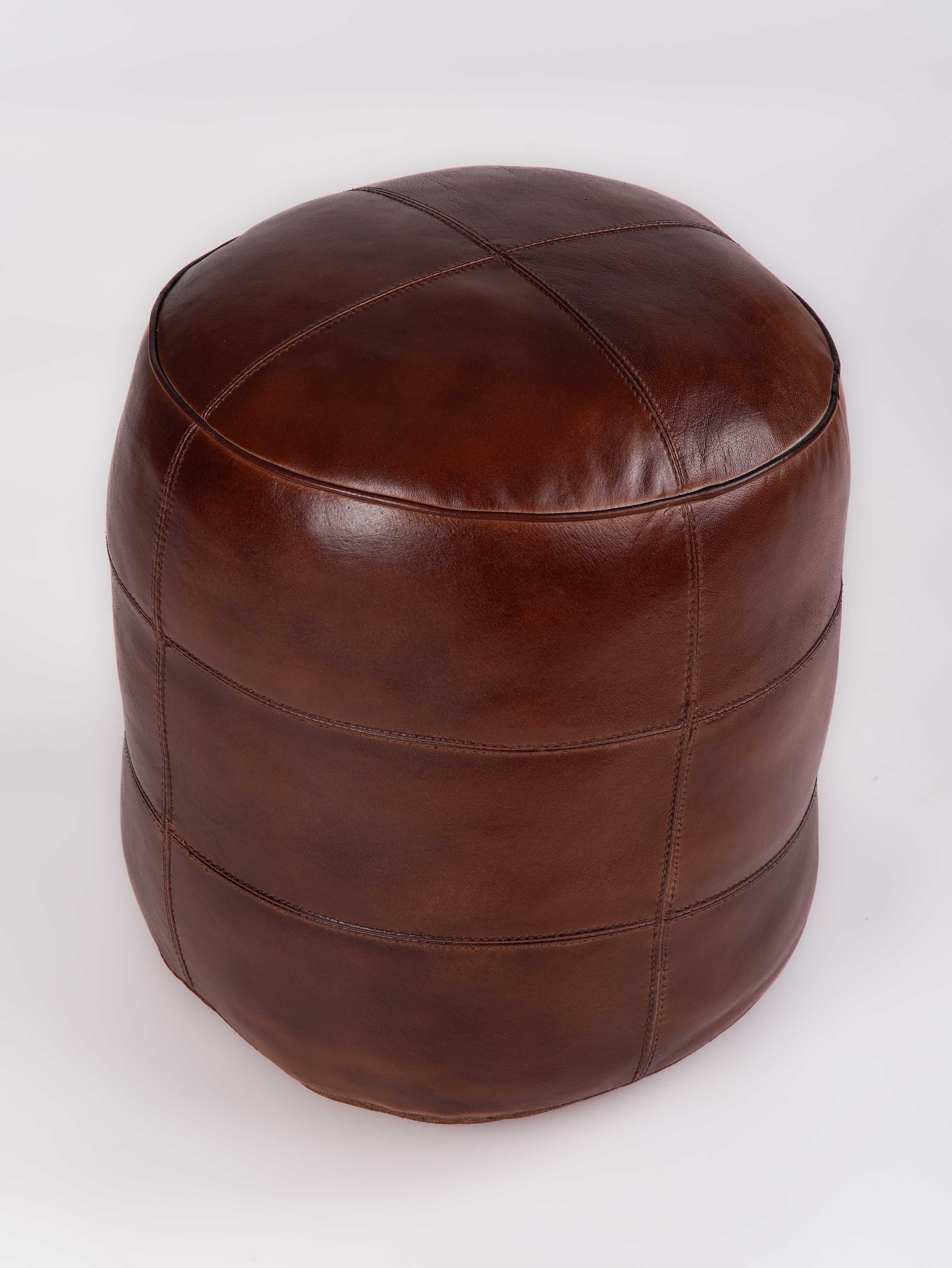 Round Buffalo Leather Pouf – Bordeaux Classic Ottoman | Handmade | Brown | Filled
