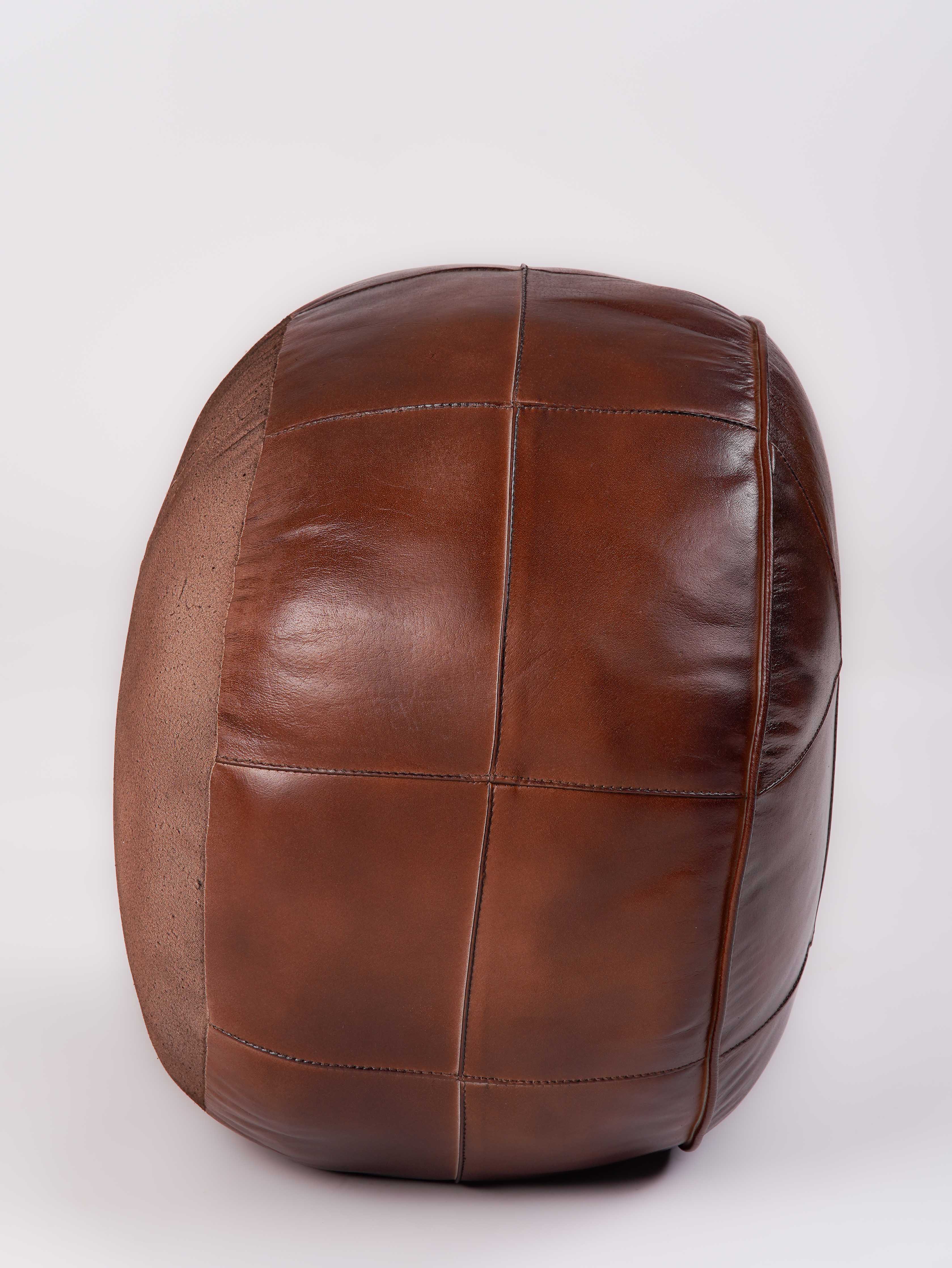 Cognac Round Leather Pouf