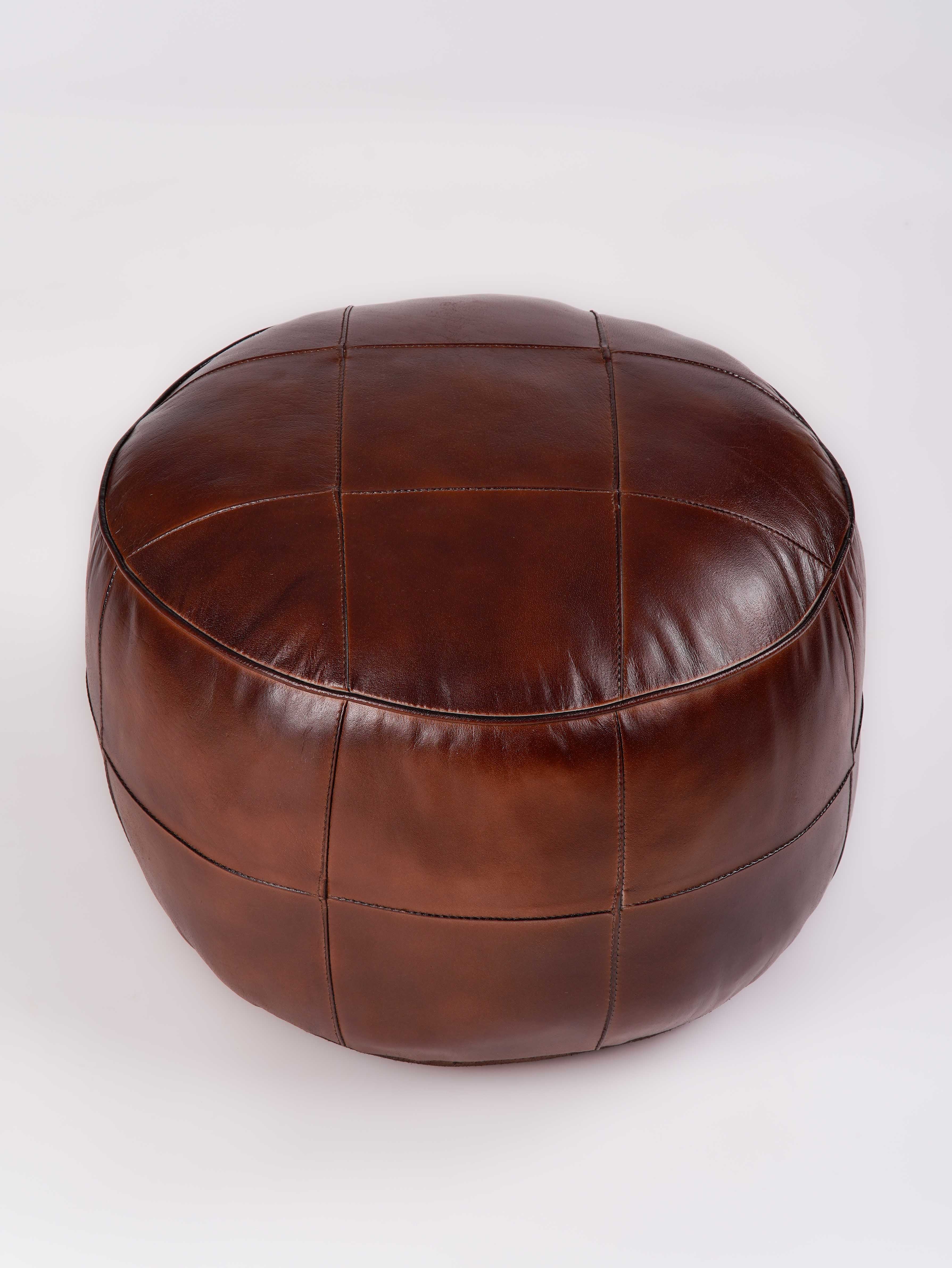Cognac Round Leather Pouf