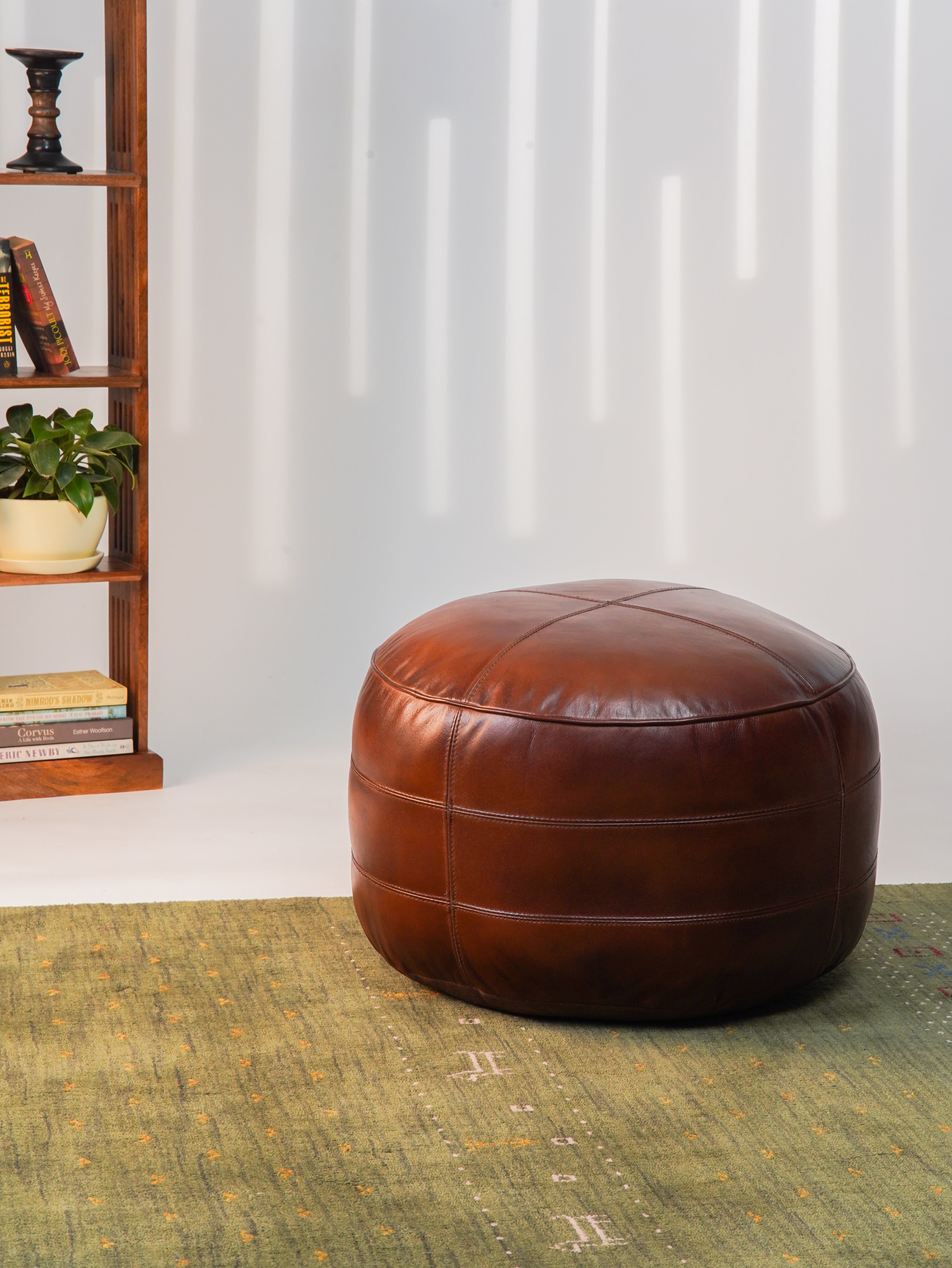 Round Buffalo Leather Pouf – Bordeaux Classic Ottoman | Handmade | Brown | Filled