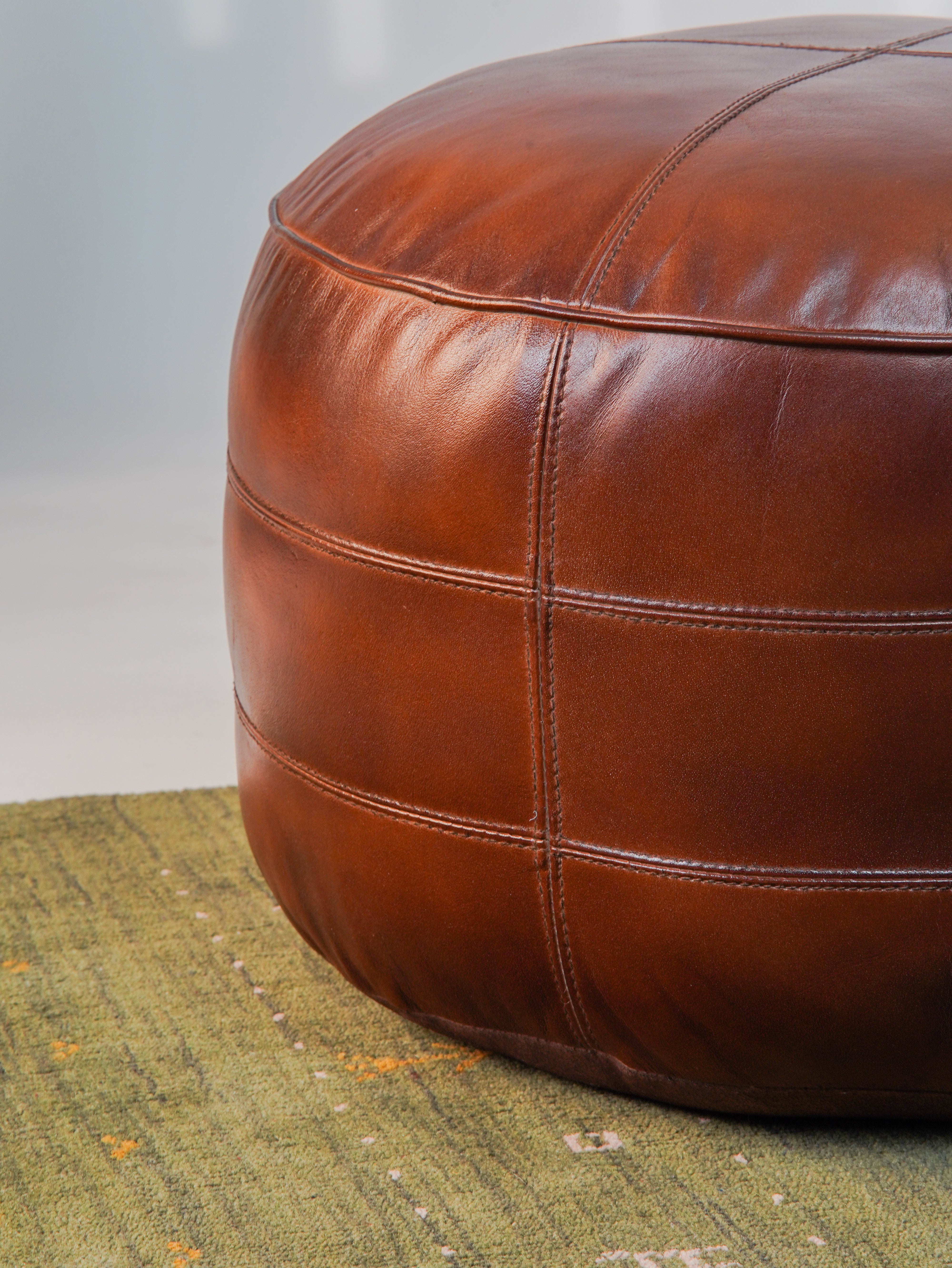 Round Buffalo Leather Pouf – Bordeaux Classic Ottoman | Handmade | Brown | Filled