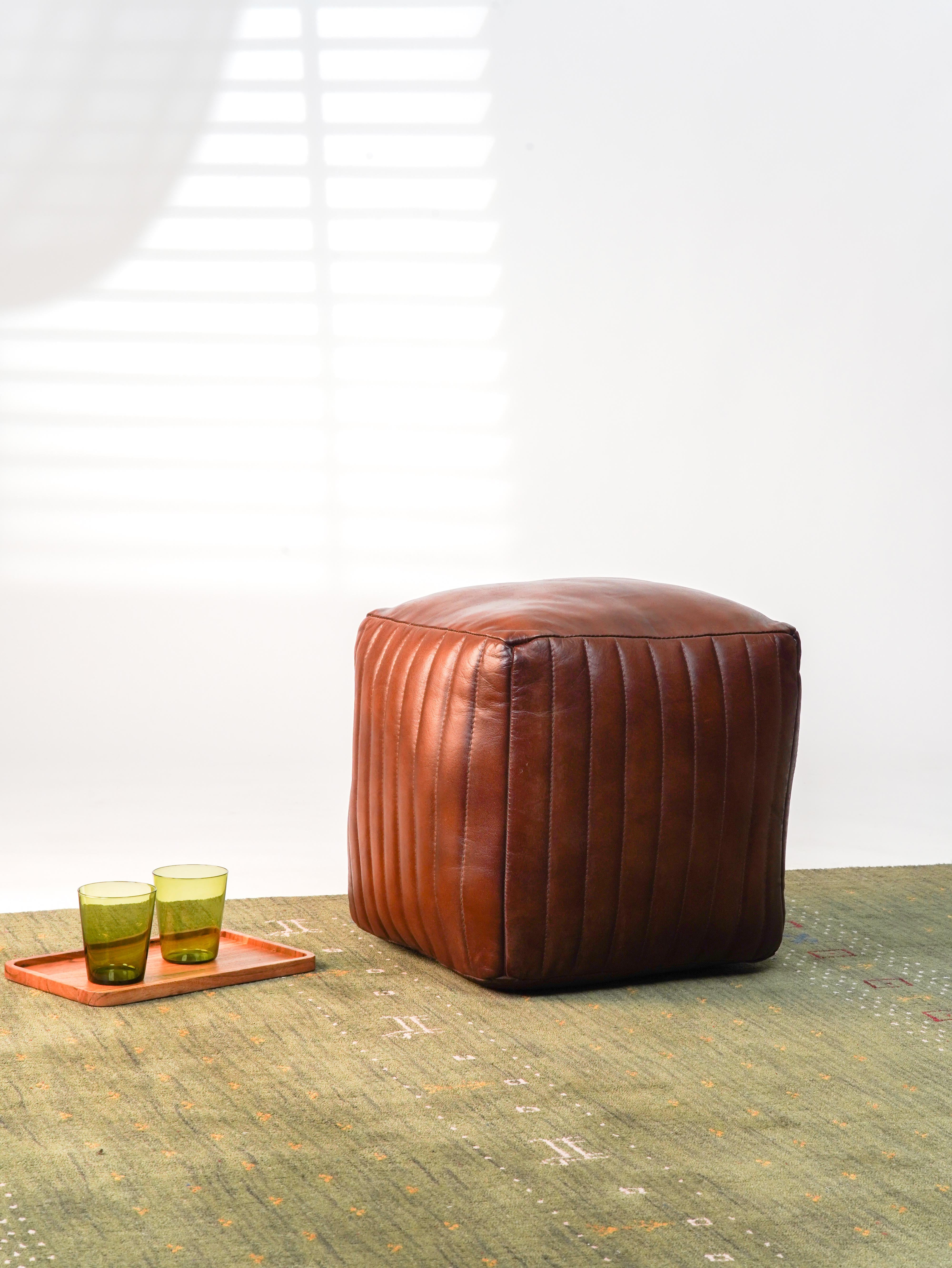 Strata Leather Pouf| Brown Ottoman | Handmade | Contemporary | Filled | Square