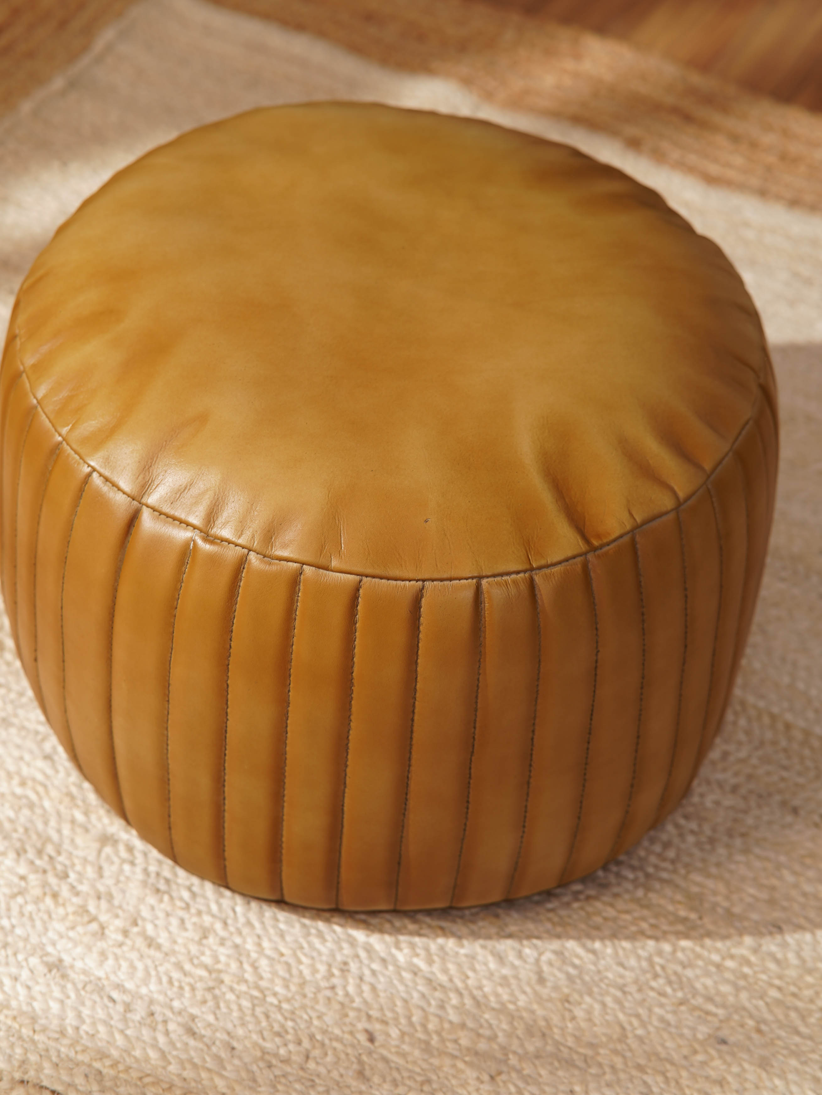 Sandstone Leather Pouf – Beige Ottoman | Handmade | Contemporary | Filled | Square & Round