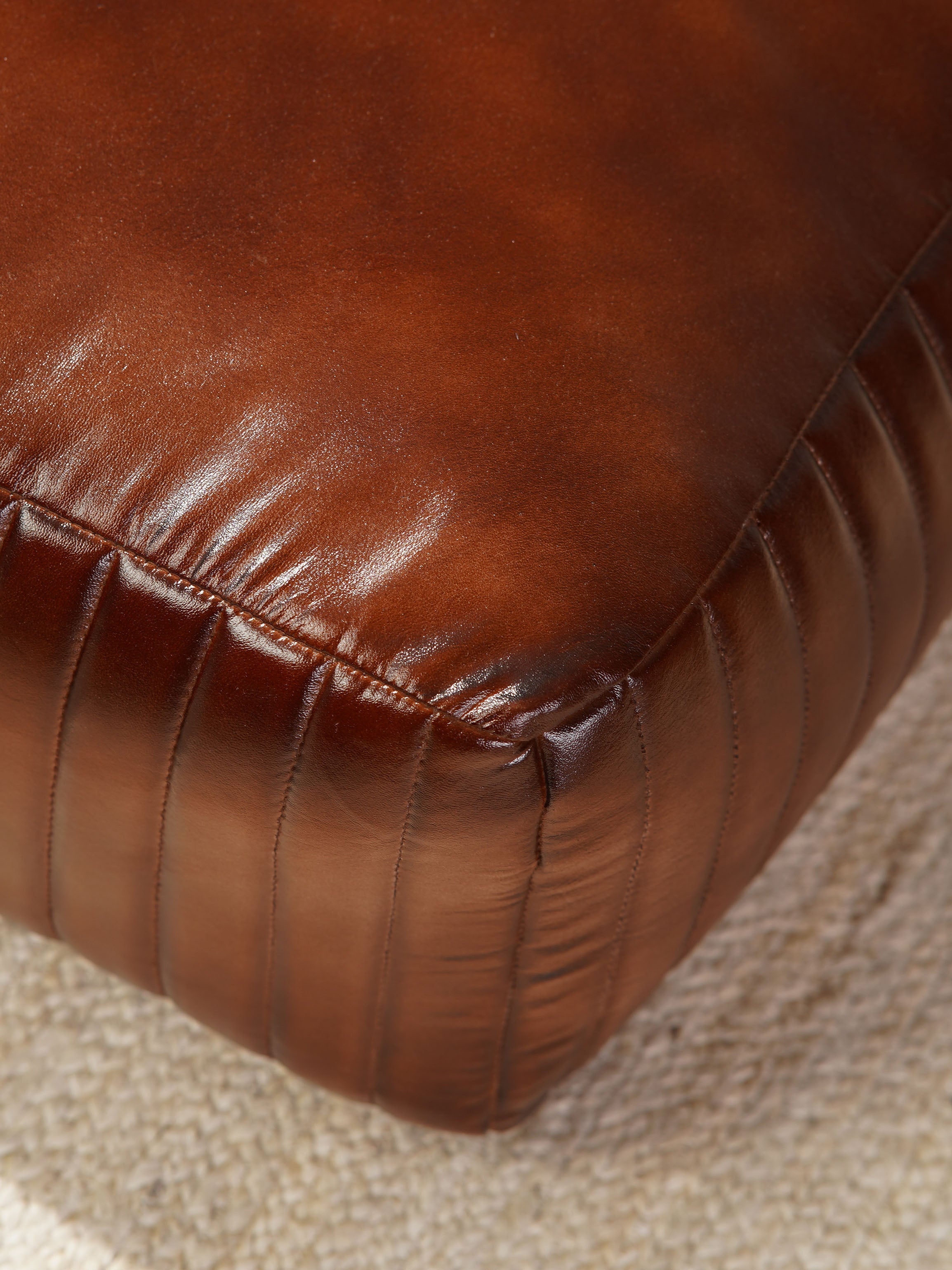 Strata Leather Pouf| Brown Ottoman | Handmade | Contemporary | Filled | Square
