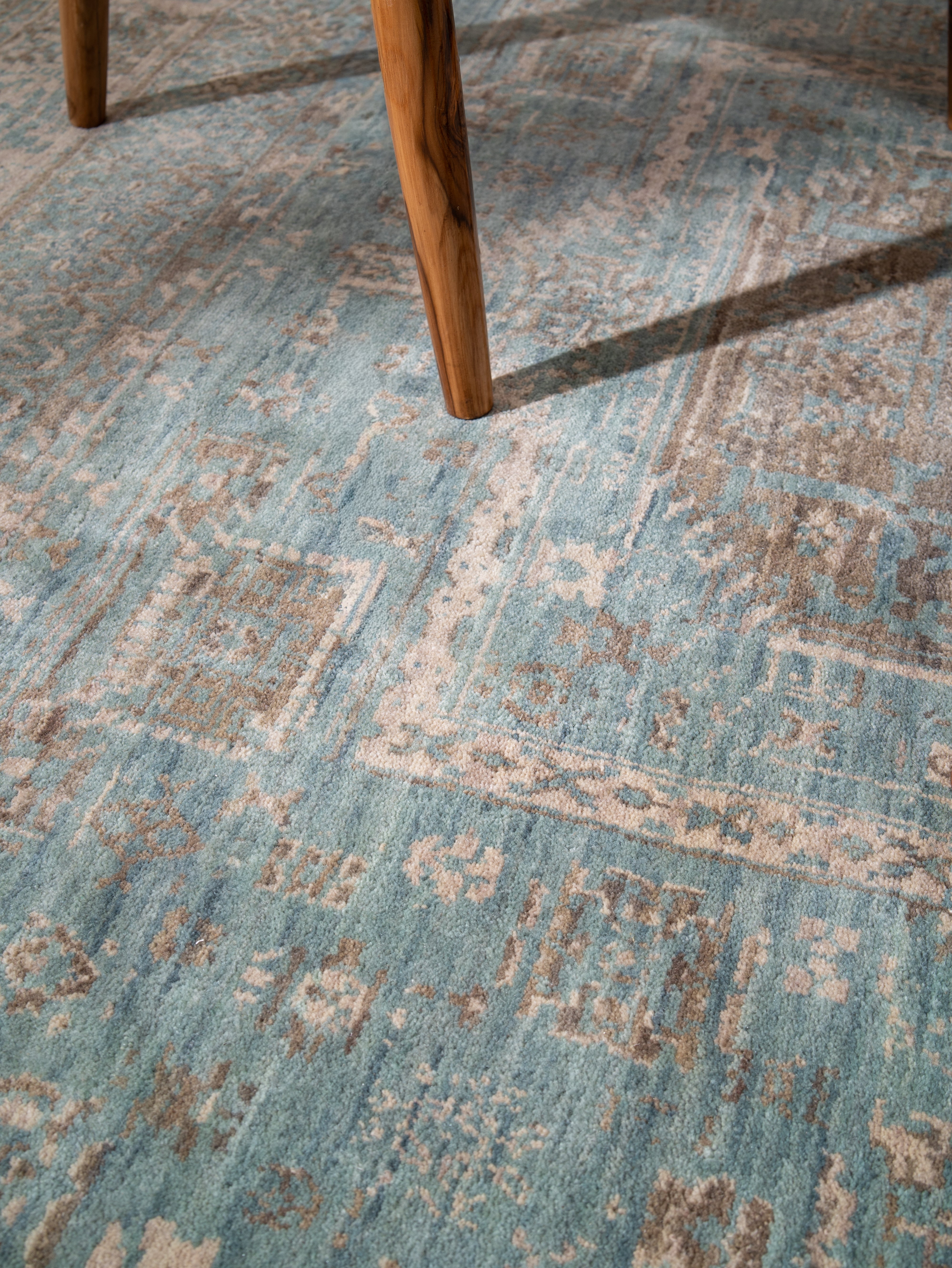 Opal Hand Knotted Green Beige Oriental Area Rug