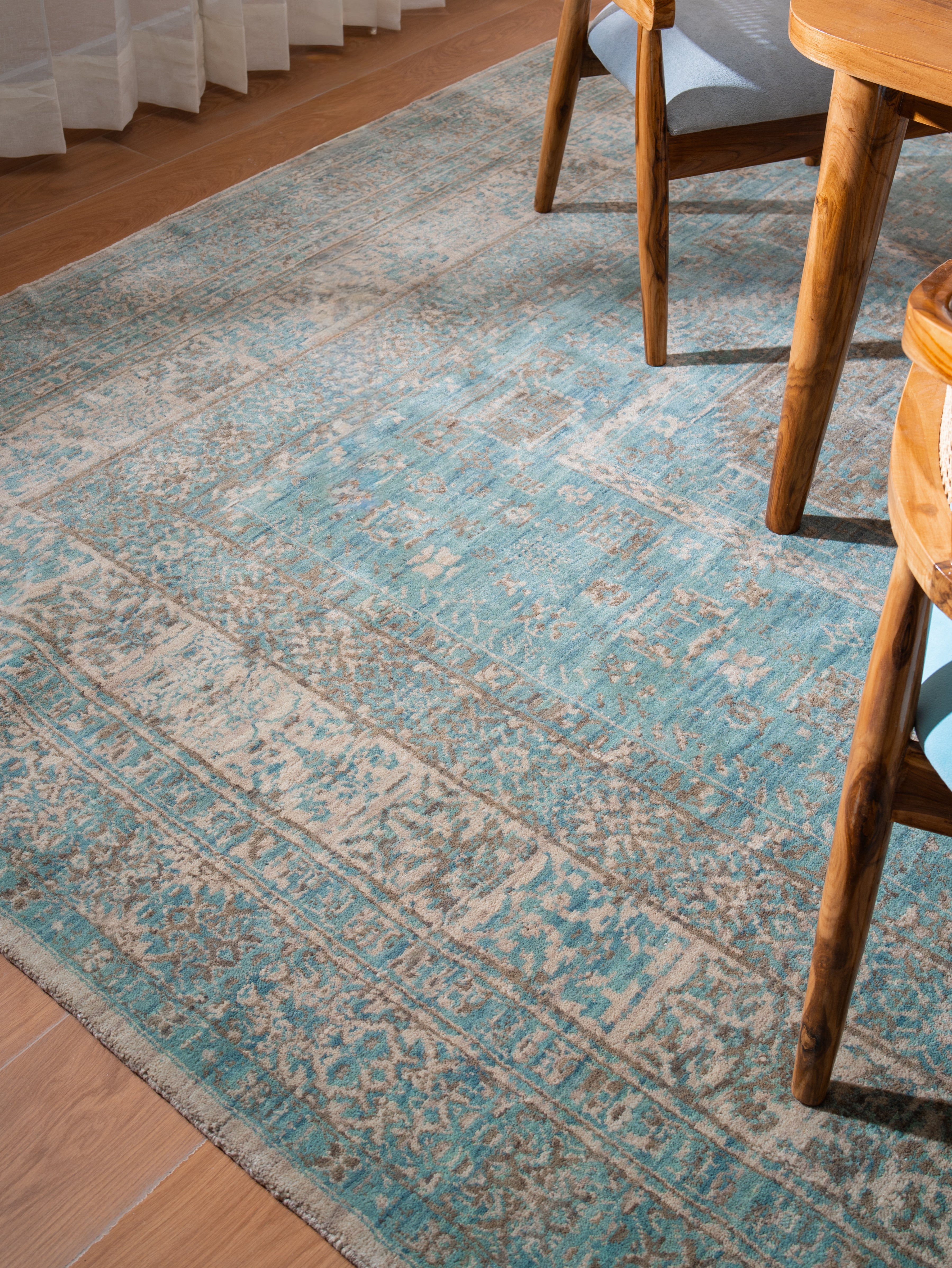 Opal Hand Knotted Green Beige Oriental Area Rug