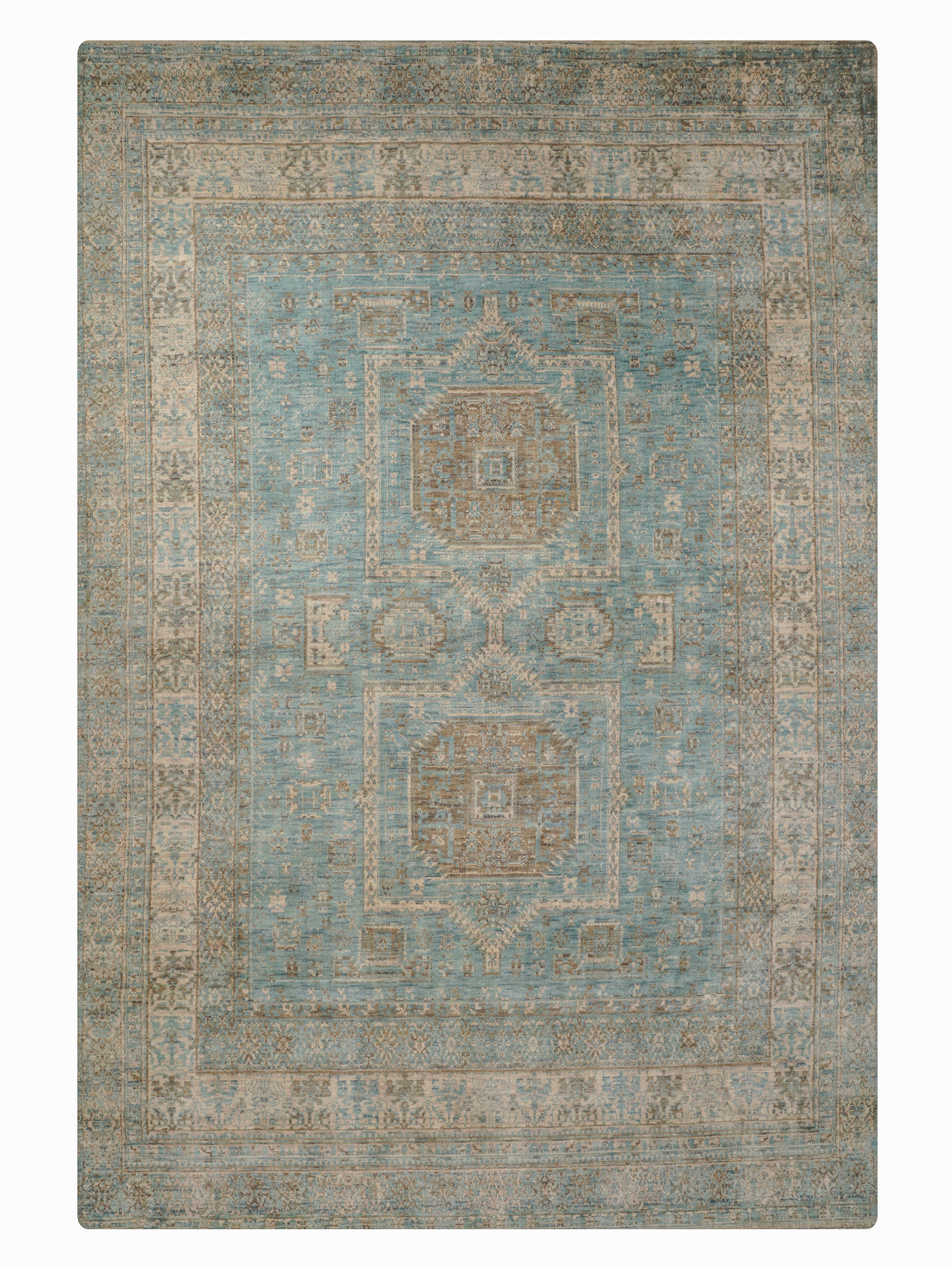 Opal Hand Knotted Green Beige Oriental Area Rug
