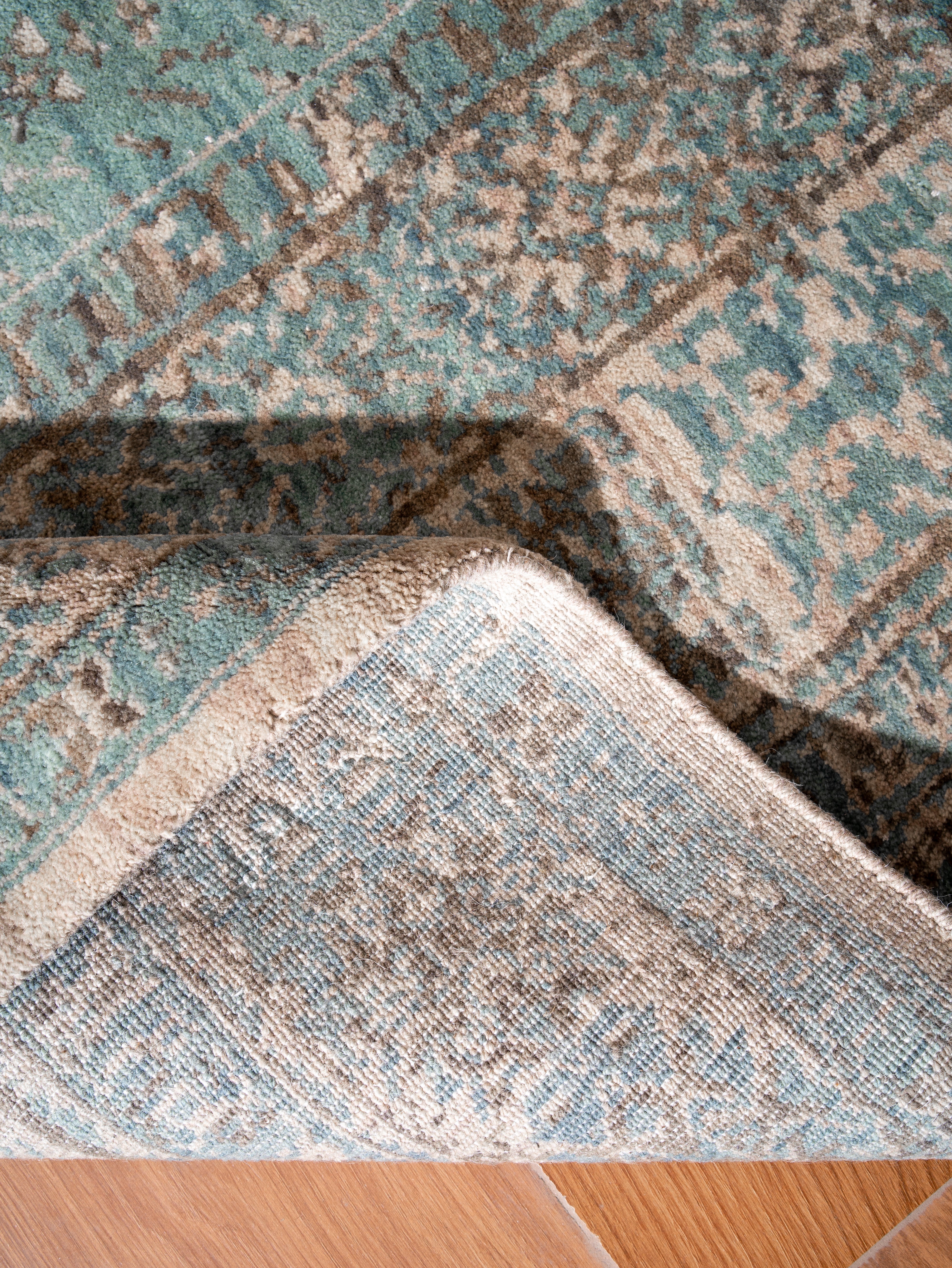 Opal Hand Knotted Green Beige Oriental Area Rug