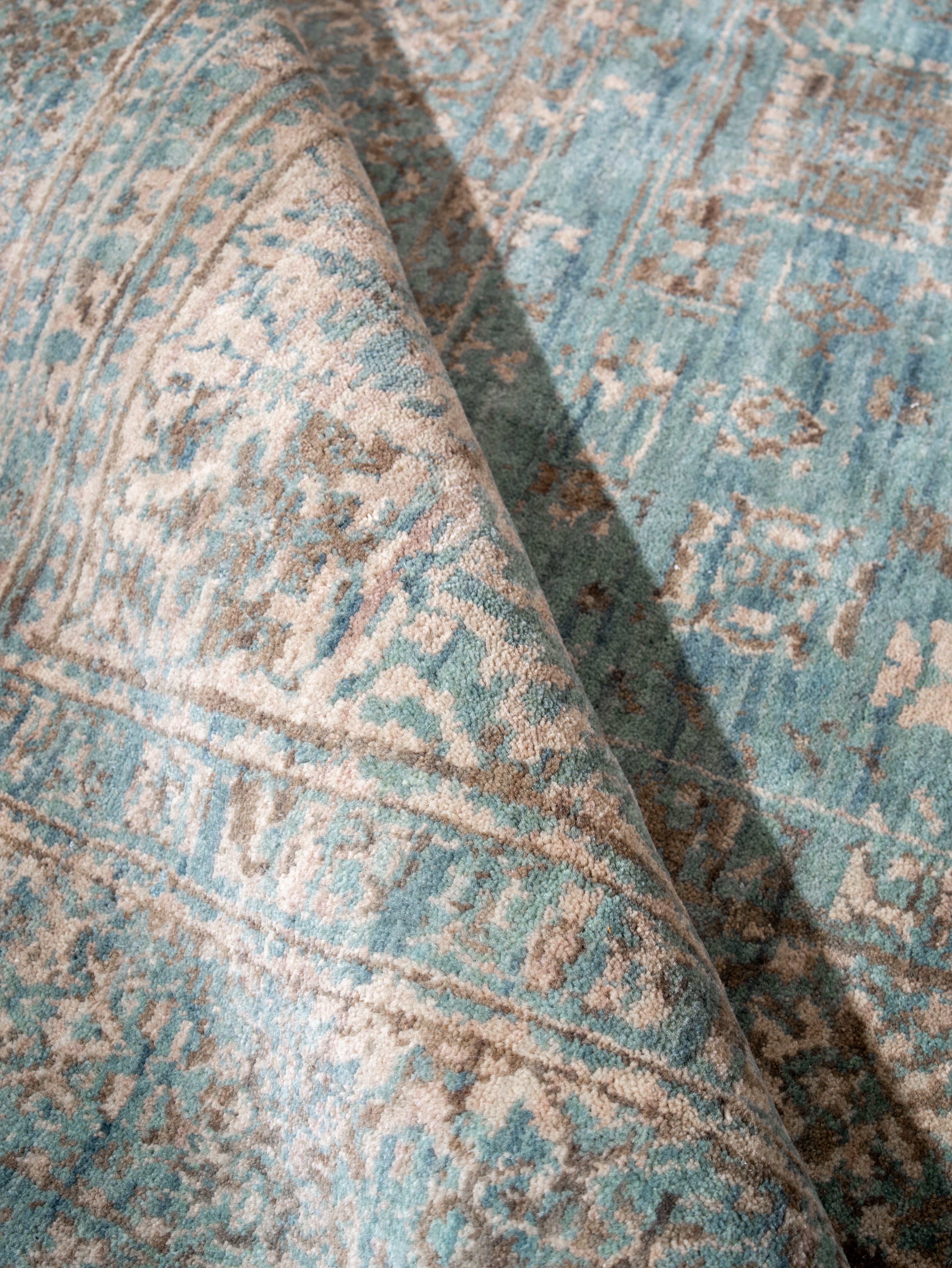 Opal Hand Knotted Green Beige Oriental Area Rug