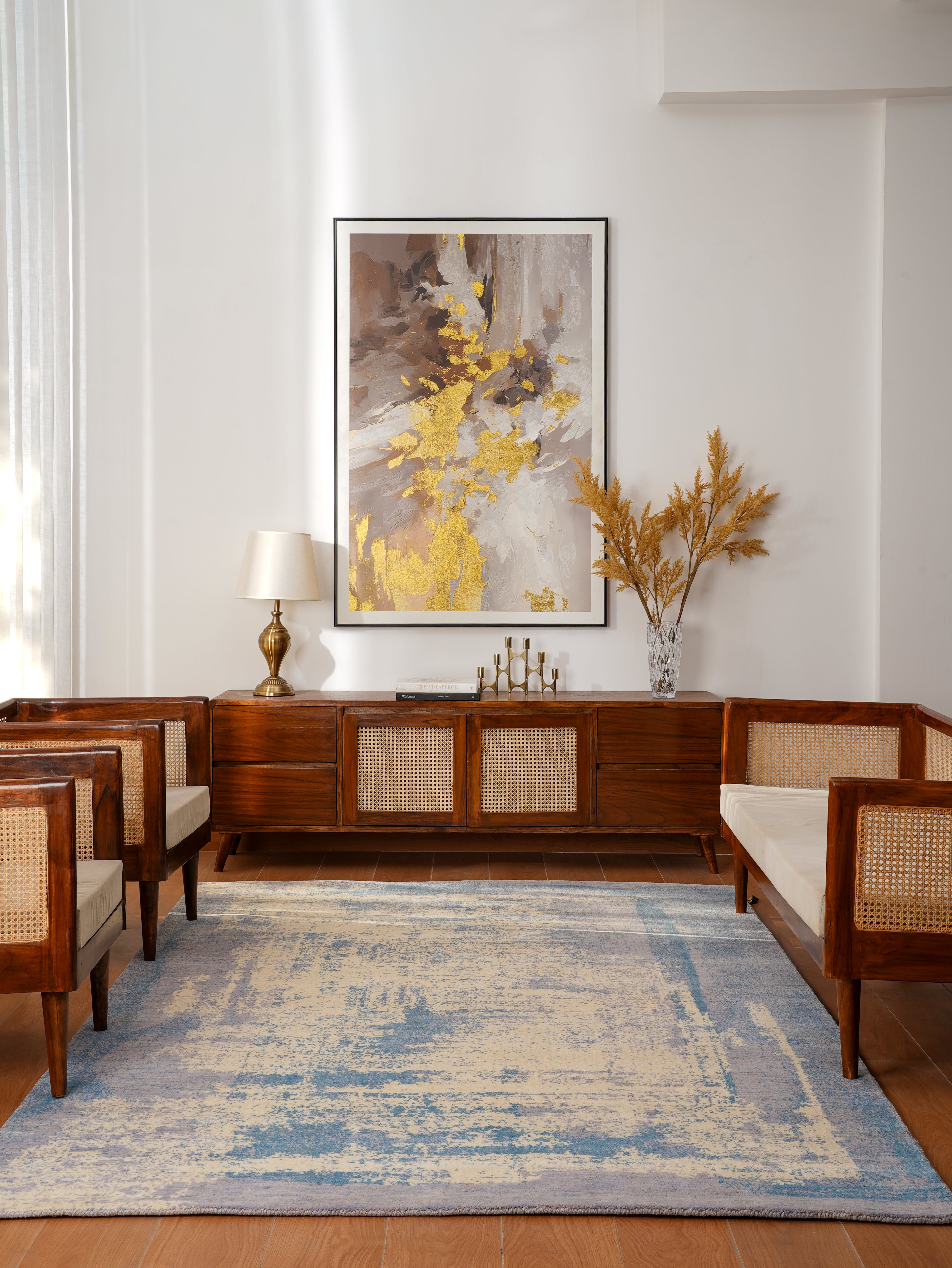 Modern Blue Distressed Hand Knotted Abstract Area Rug