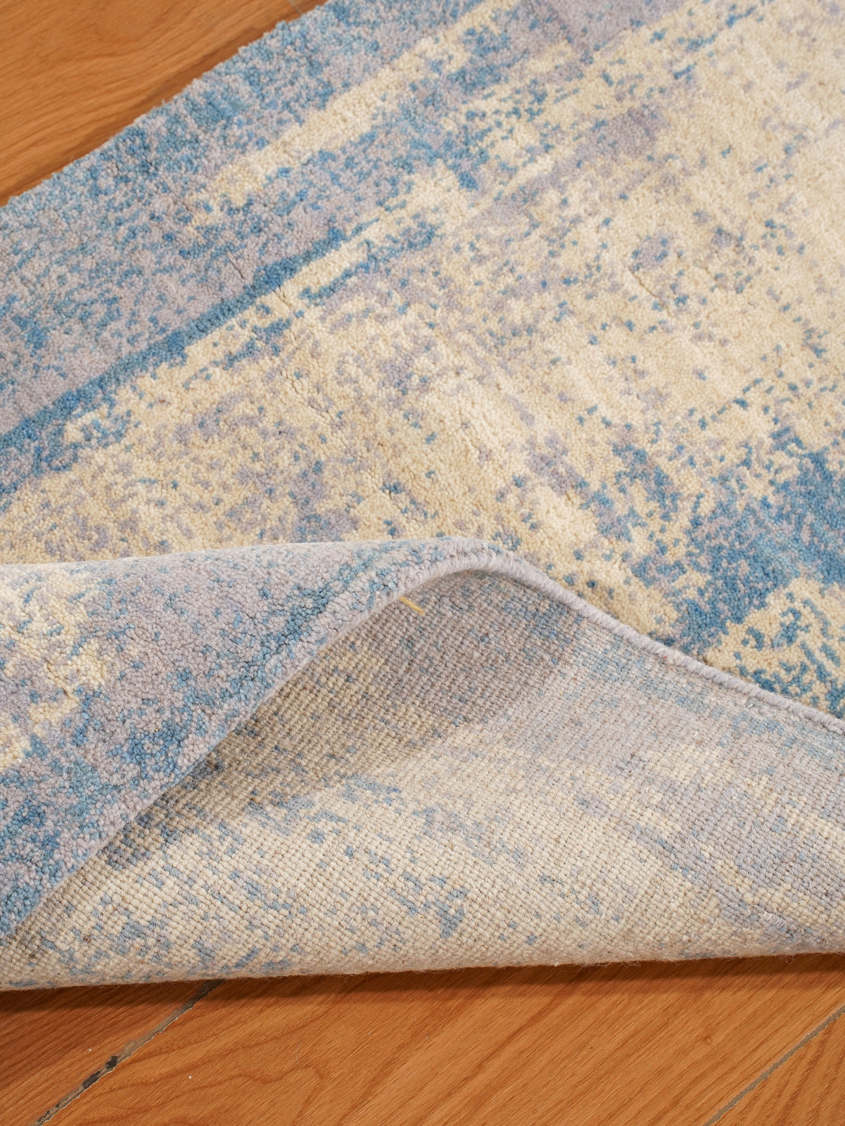 Modern Blue Distressed Hand Knotted Abstract Area Rug