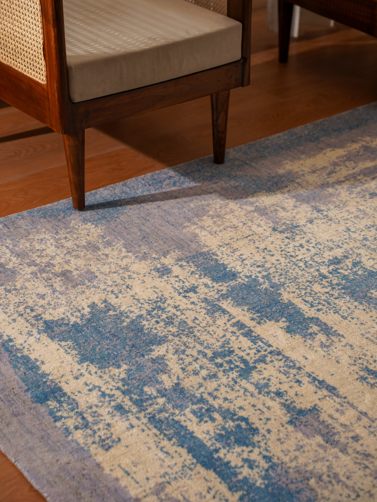 Modern Blue Distressed Hand Knotted Abstract Area Rug