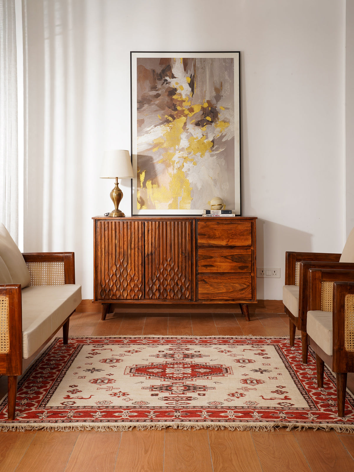 Golden Red Heritage Hand-Knotted Wool Rug with Red Tribal Medallion Design