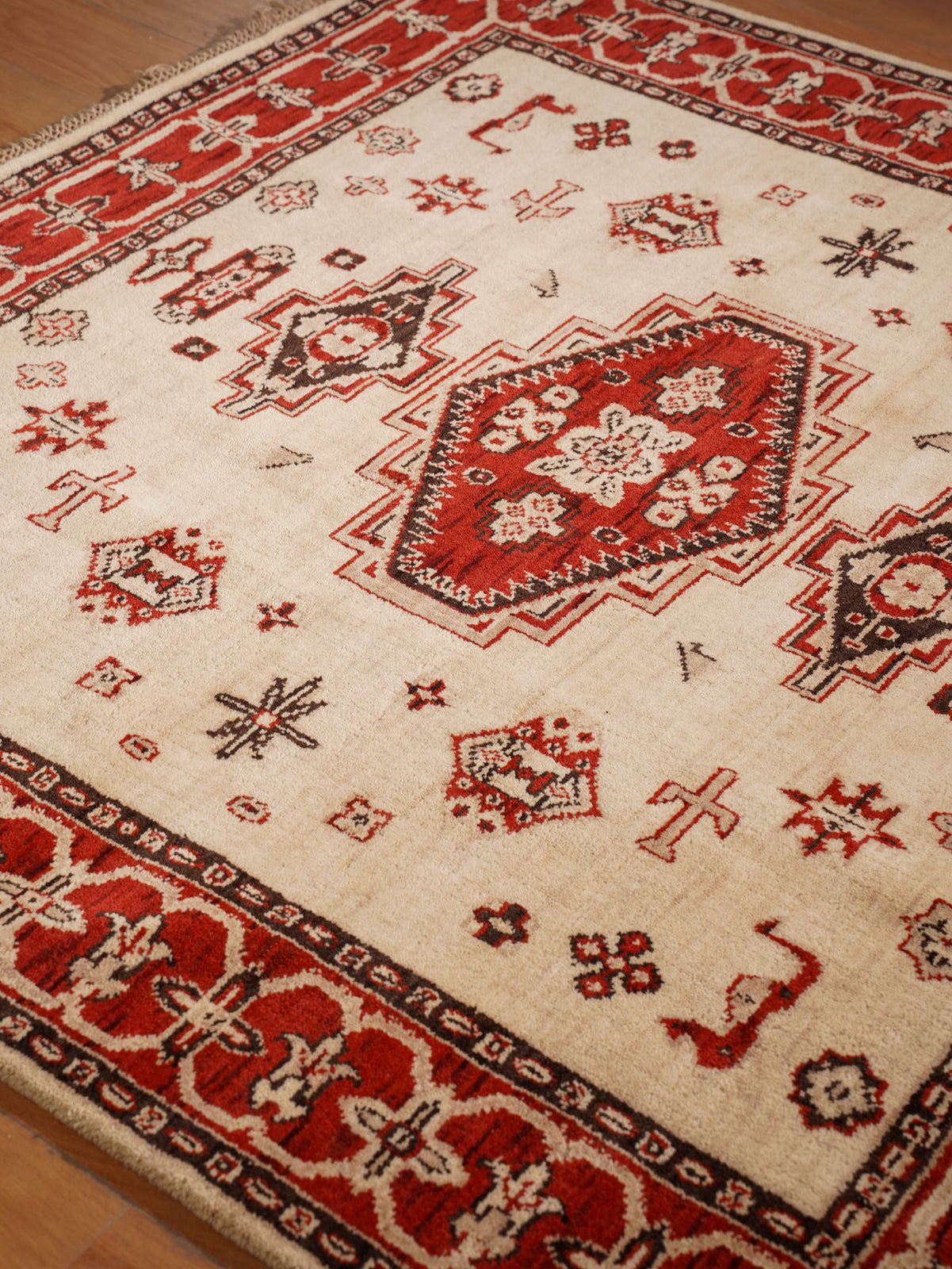 Golden Red Heritage Hand-Knotted Wool Rug with Red Tribal Medallion Design