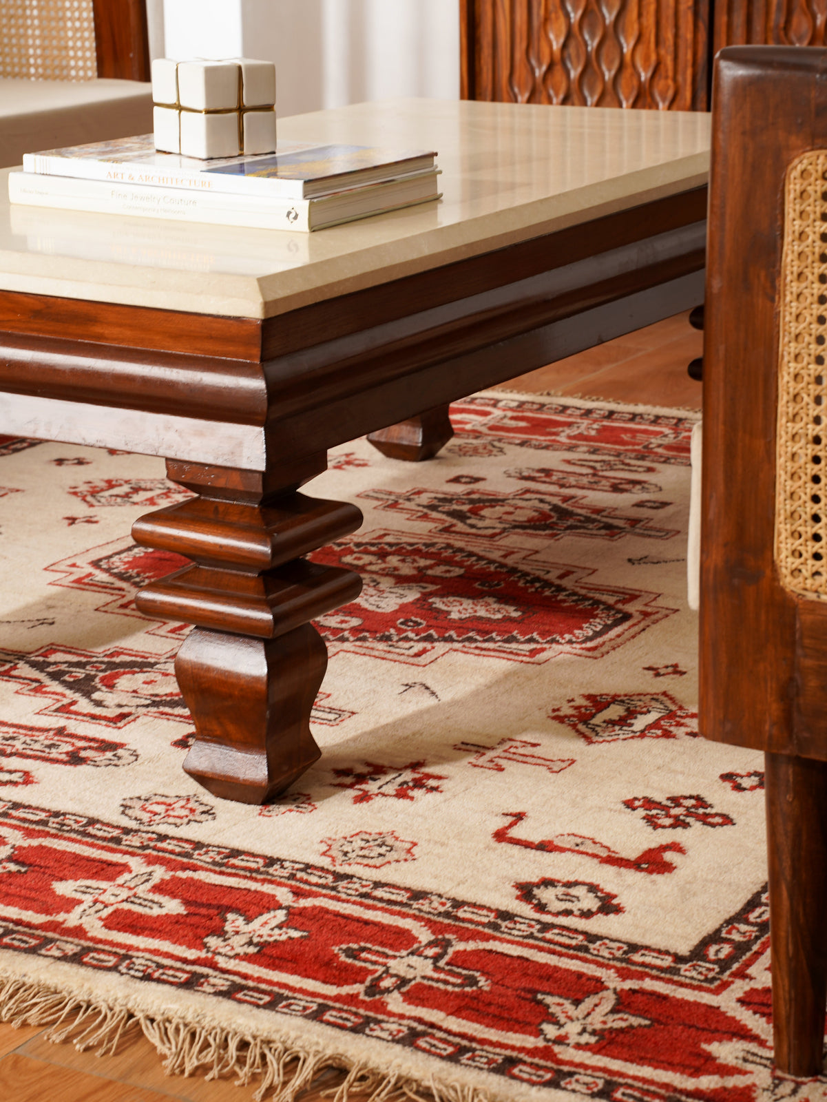 Golden Red Heritage Hand-Knotted Wool Rug with Red Tribal Medallion Design