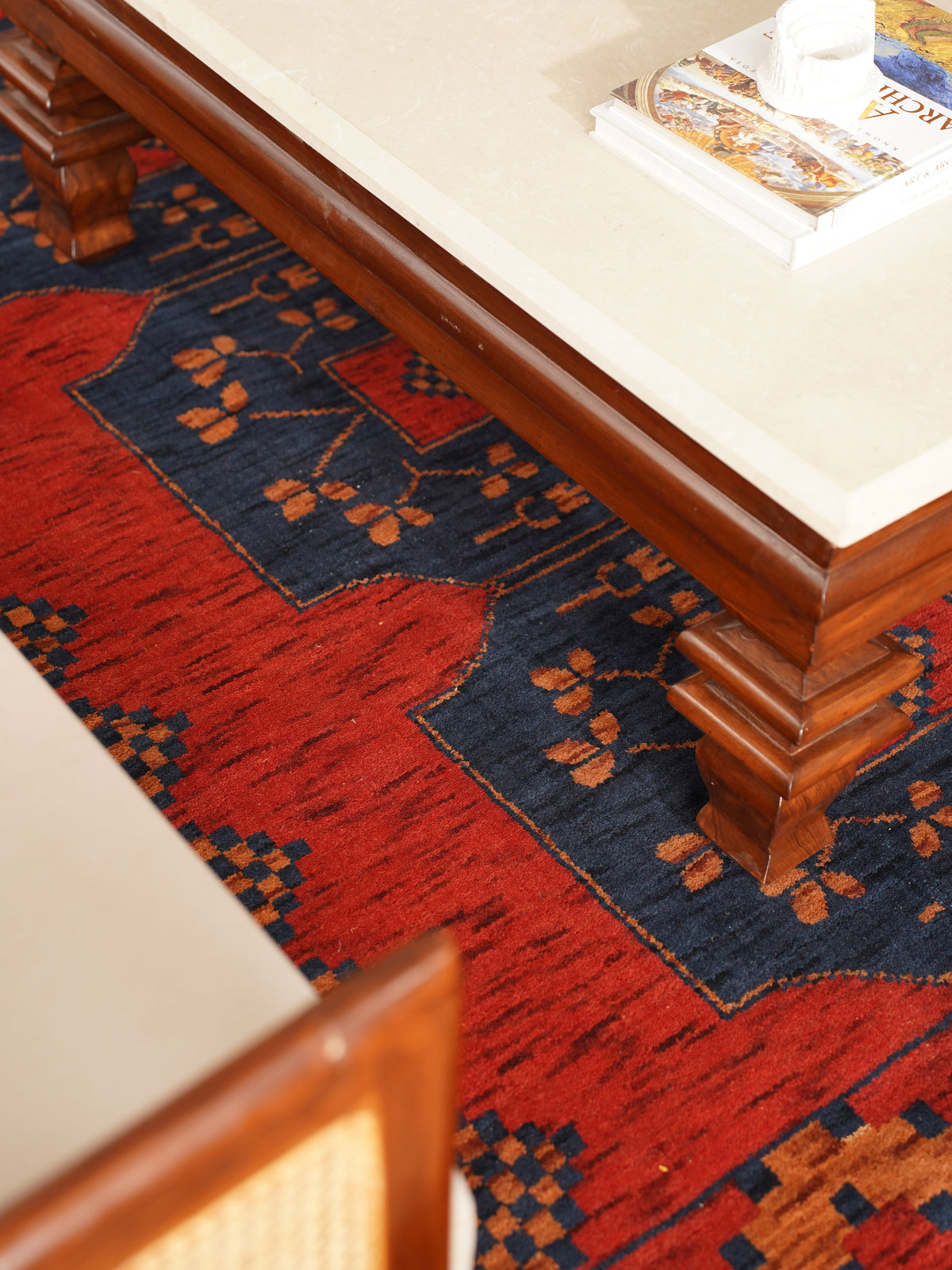 Rust Ember Tribal Hand-Knotted Wool Rug with Indigo Geometric Panel Design