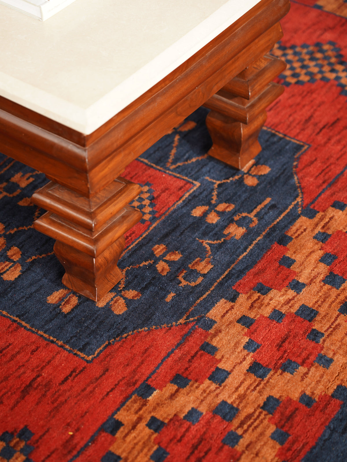 Rust Ember Tribal Hand-Knotted Wool Rug with Indigo Geometric Panel Design
