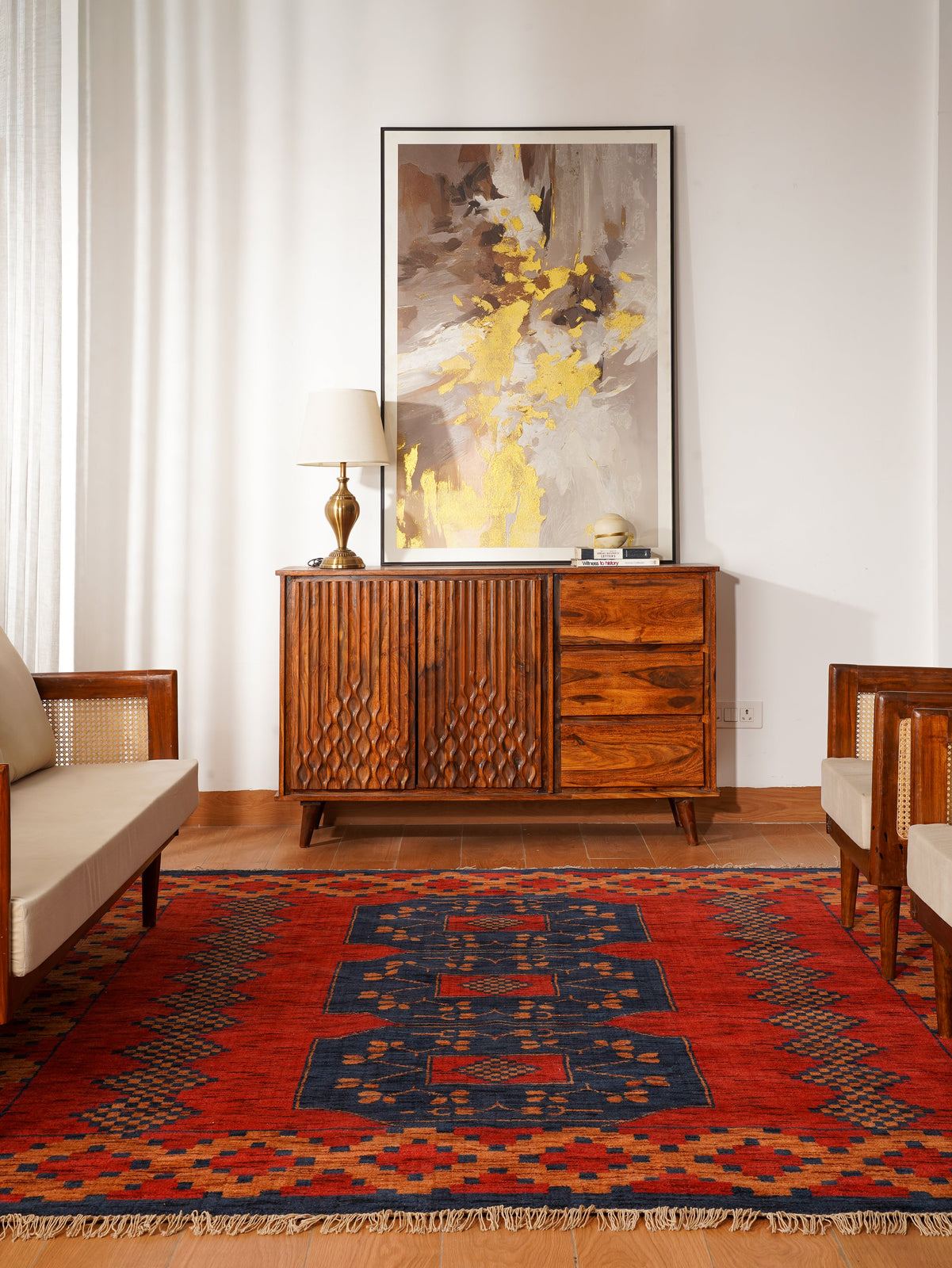 Rust Ember Tribal Hand-Knotted Wool Rug with Indigo Geometric Panel Design
