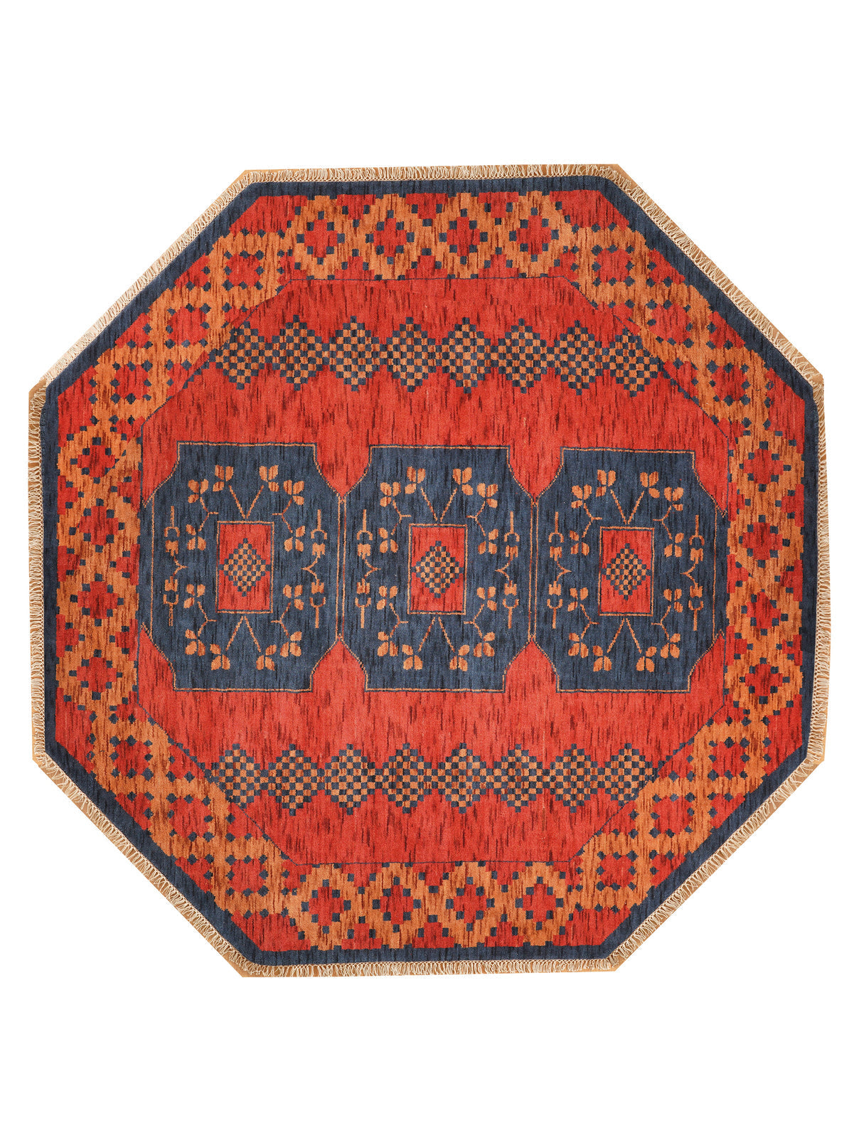 Rust Ember Tribal Hand-Knotted Wool Rug with Indigo Geometric Panel Design