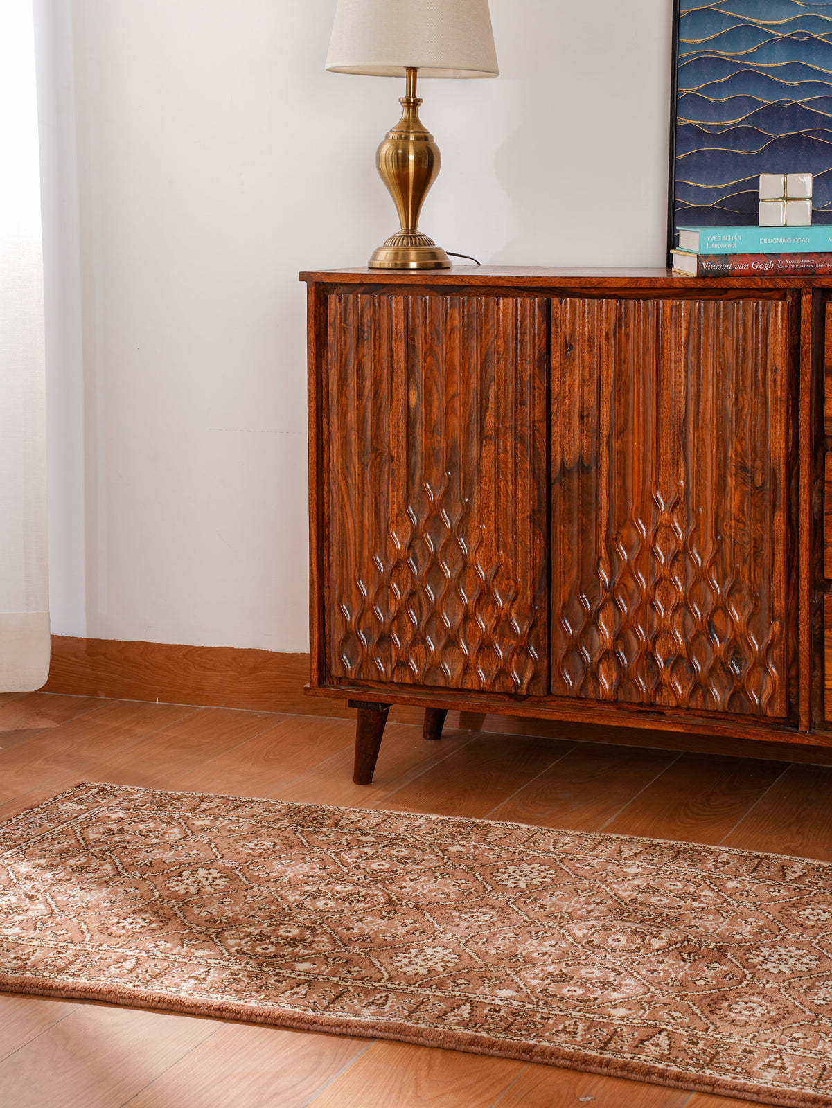 Oriental Trellis Runner Rug – Light Brown & Beige