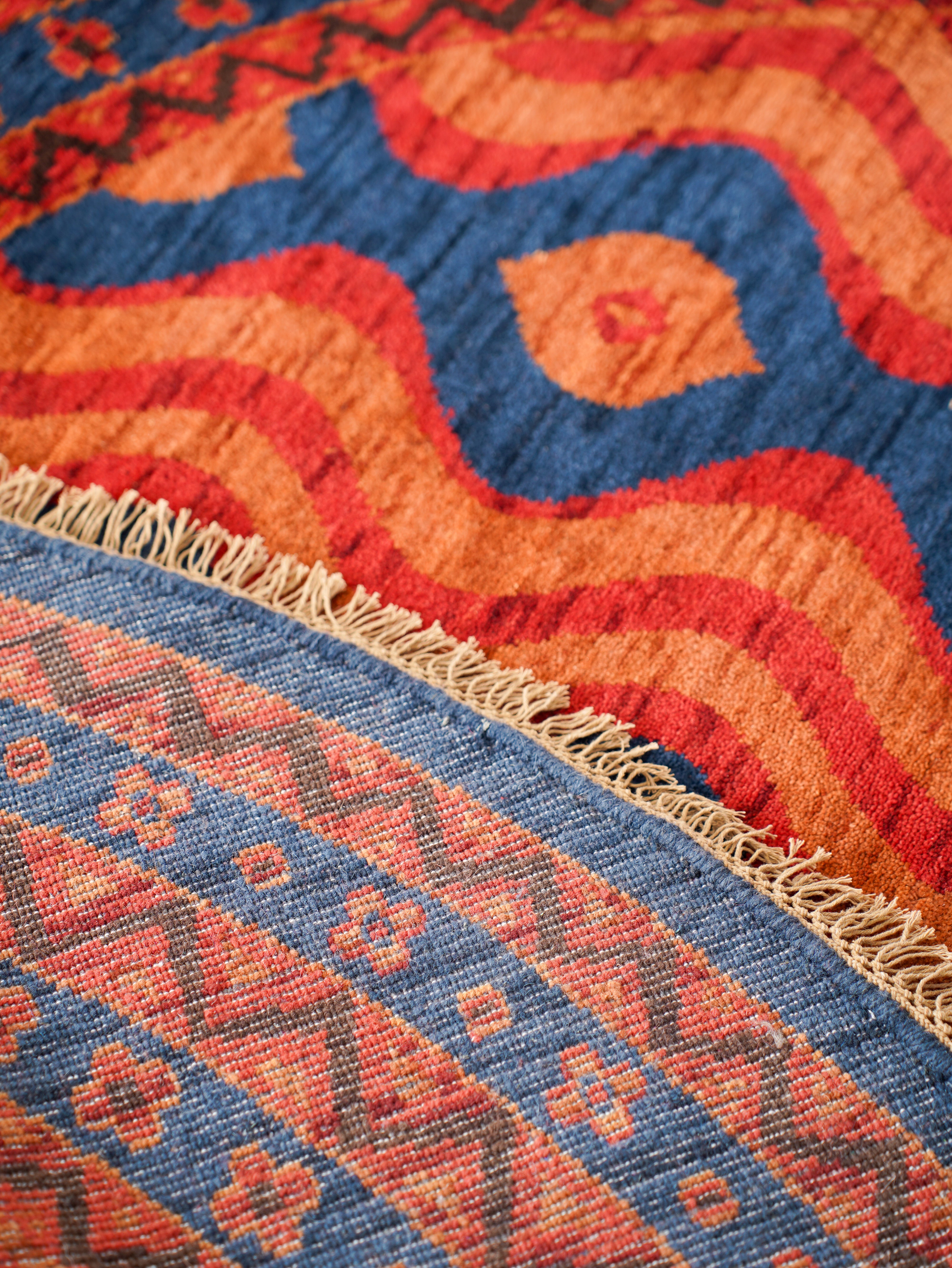 Hand-Knotted Multicolor Wool Oriental Area Rug with Tribal Geometric Design